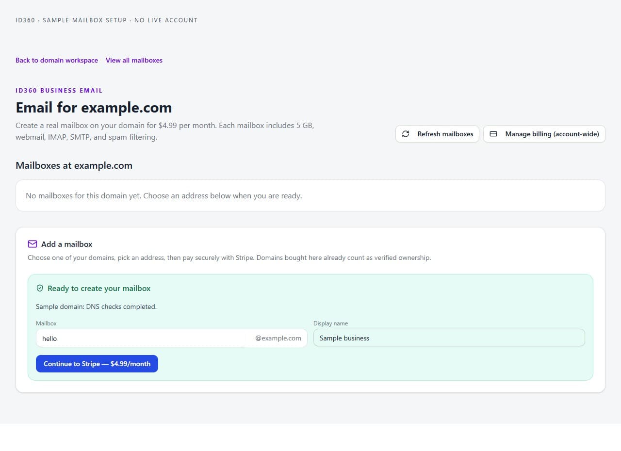 ID360 mailbox setup with the sample address hello@example.com and the payment action