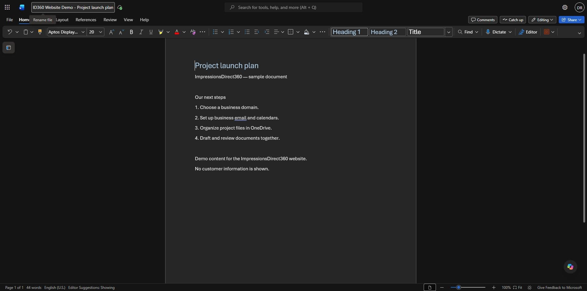 Microsoft Word for the web editing a sample ImpressionsDirect360 project launch plan