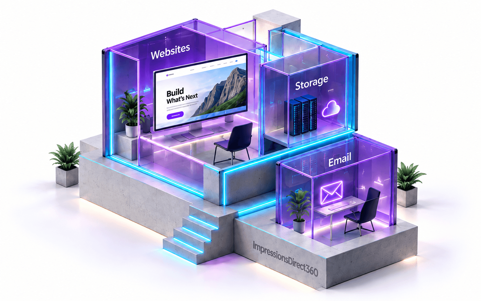 An illuminated violet and cyan building connecting websites, storage and email