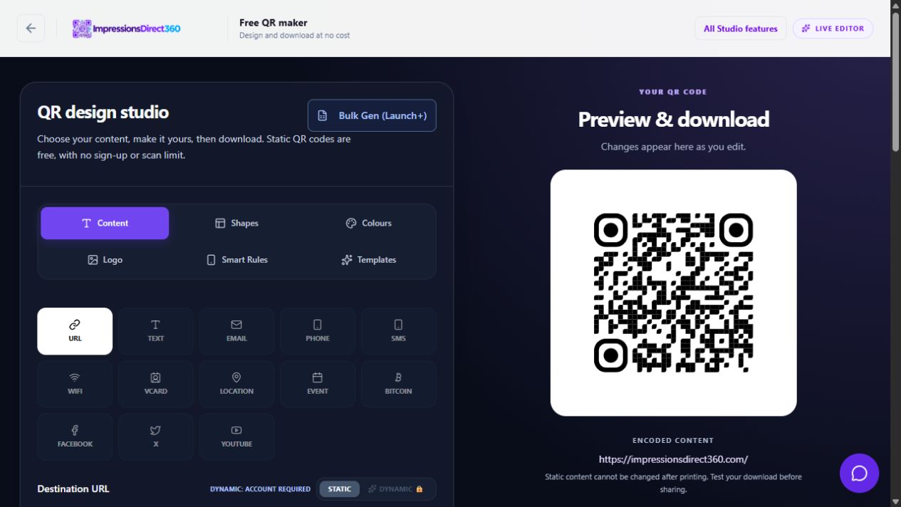 The ID360 QR editor showing a tested static code for impressionsdirect360.com