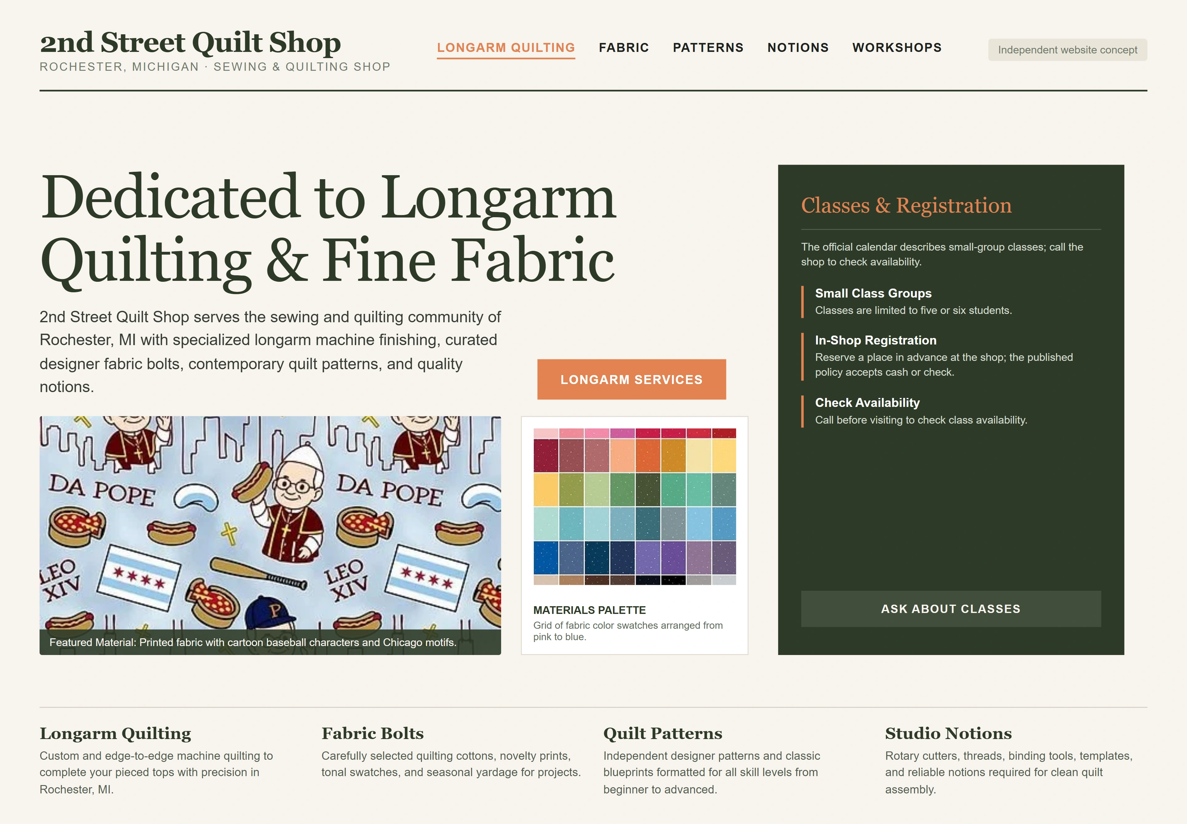 2nd Street Quilt Shop, individual website design concept A
