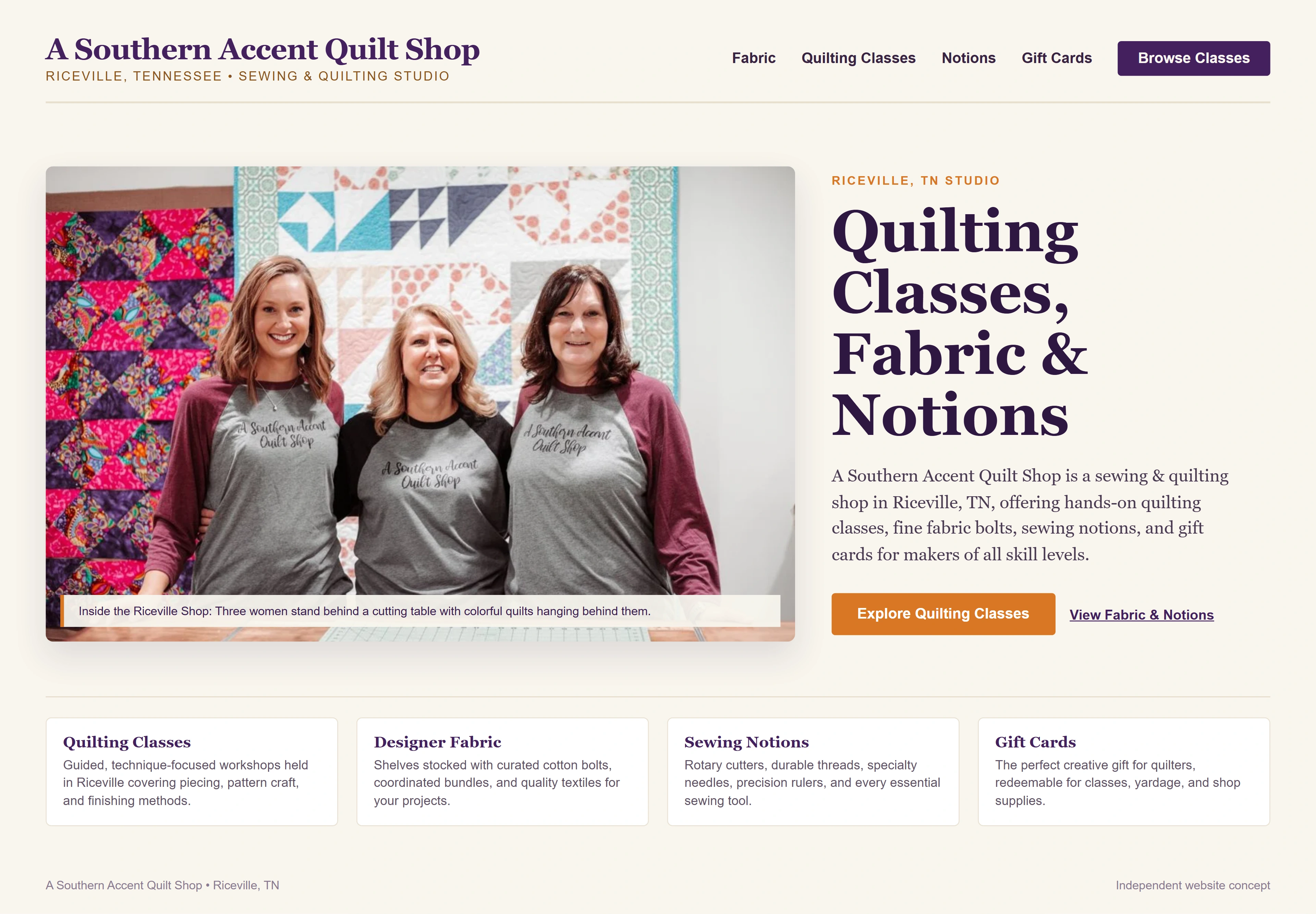 A Southern Accent Quilt Shop, individual website design concept A