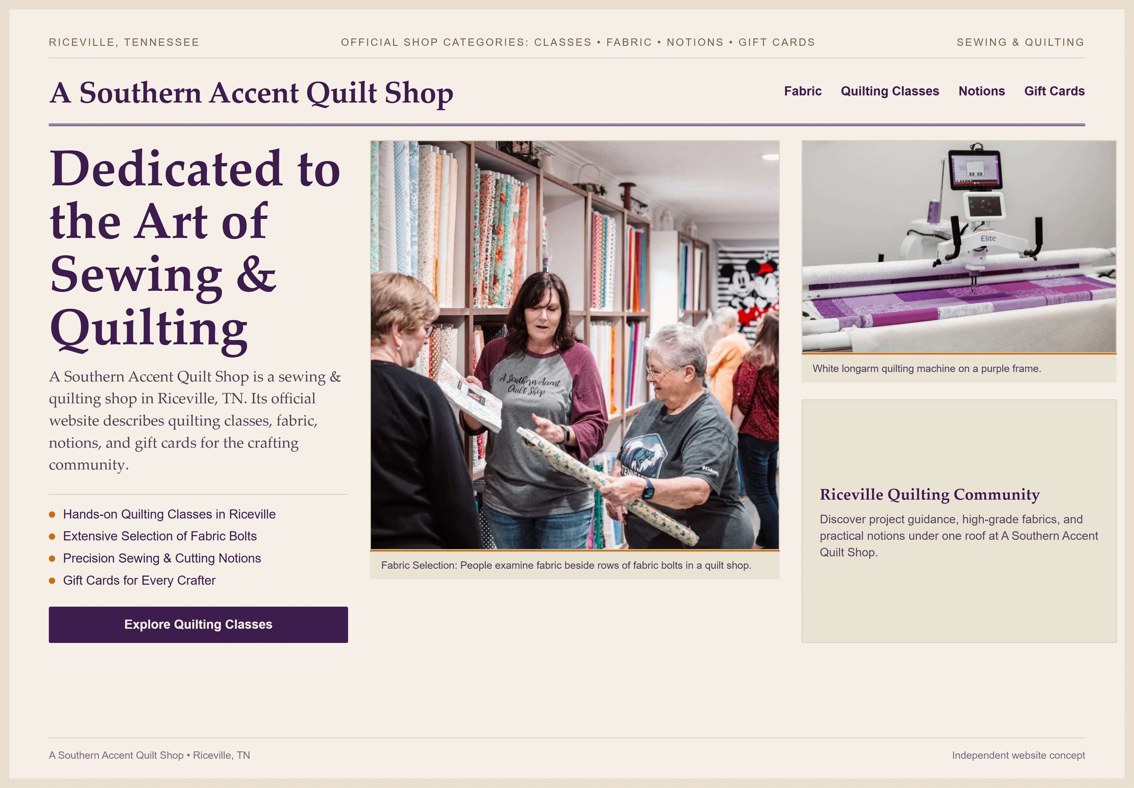 A Southern Accent Quilt Shop, individual website design concept C