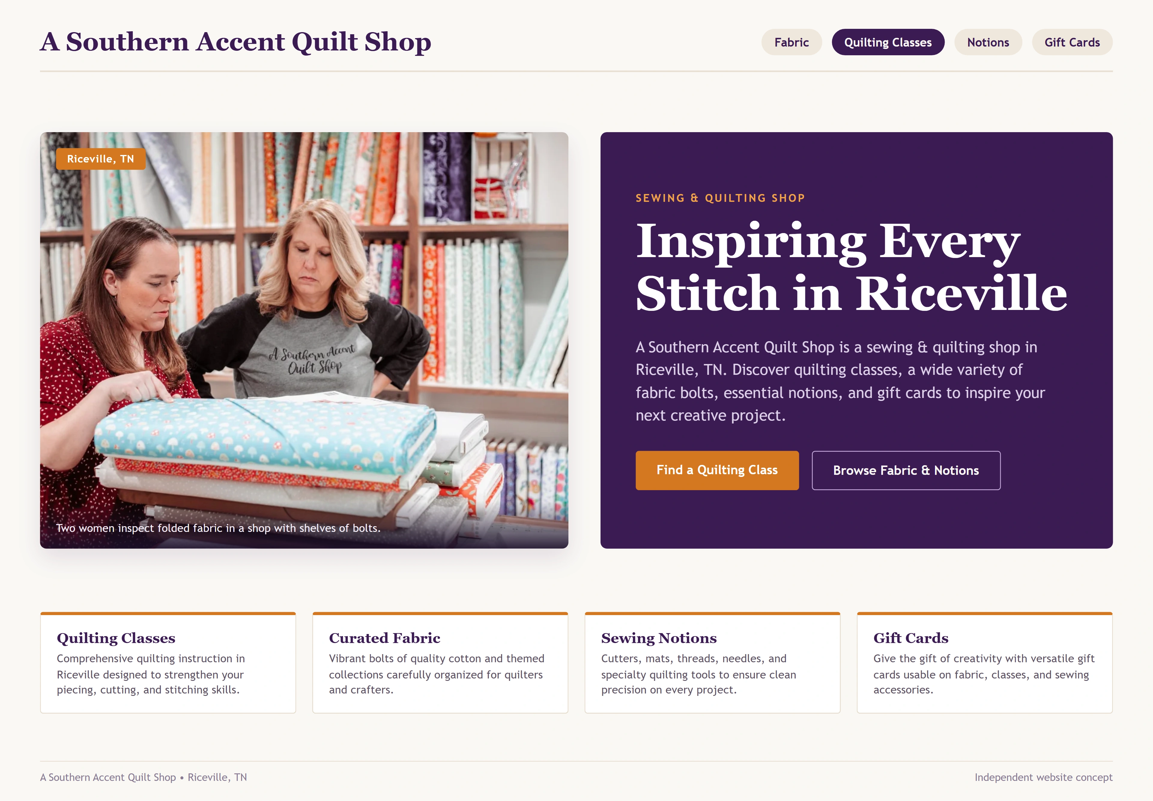 A Southern Accent Quilt Shop, individual website design concept D