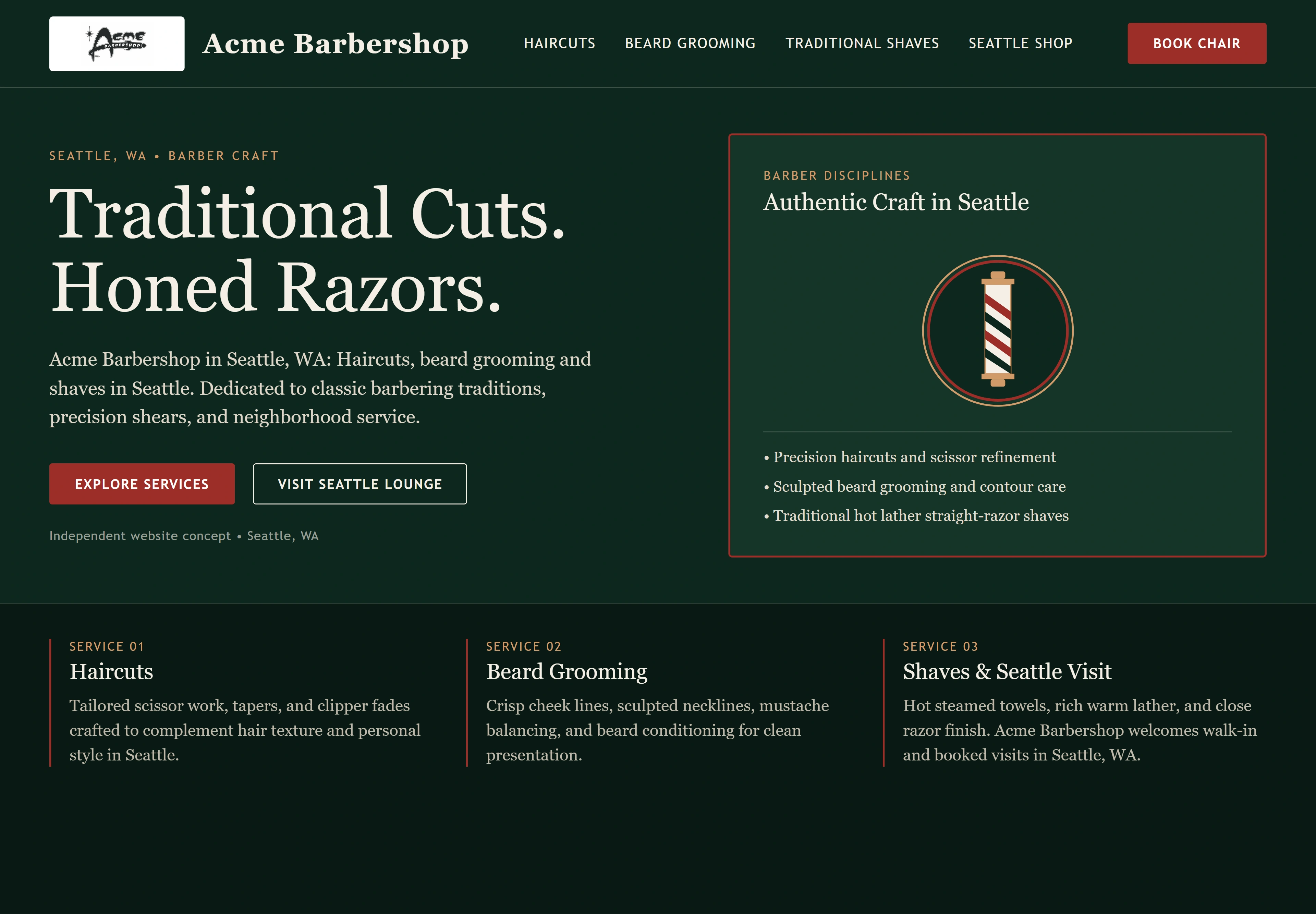 Acme Barbershop, individual website design concept A