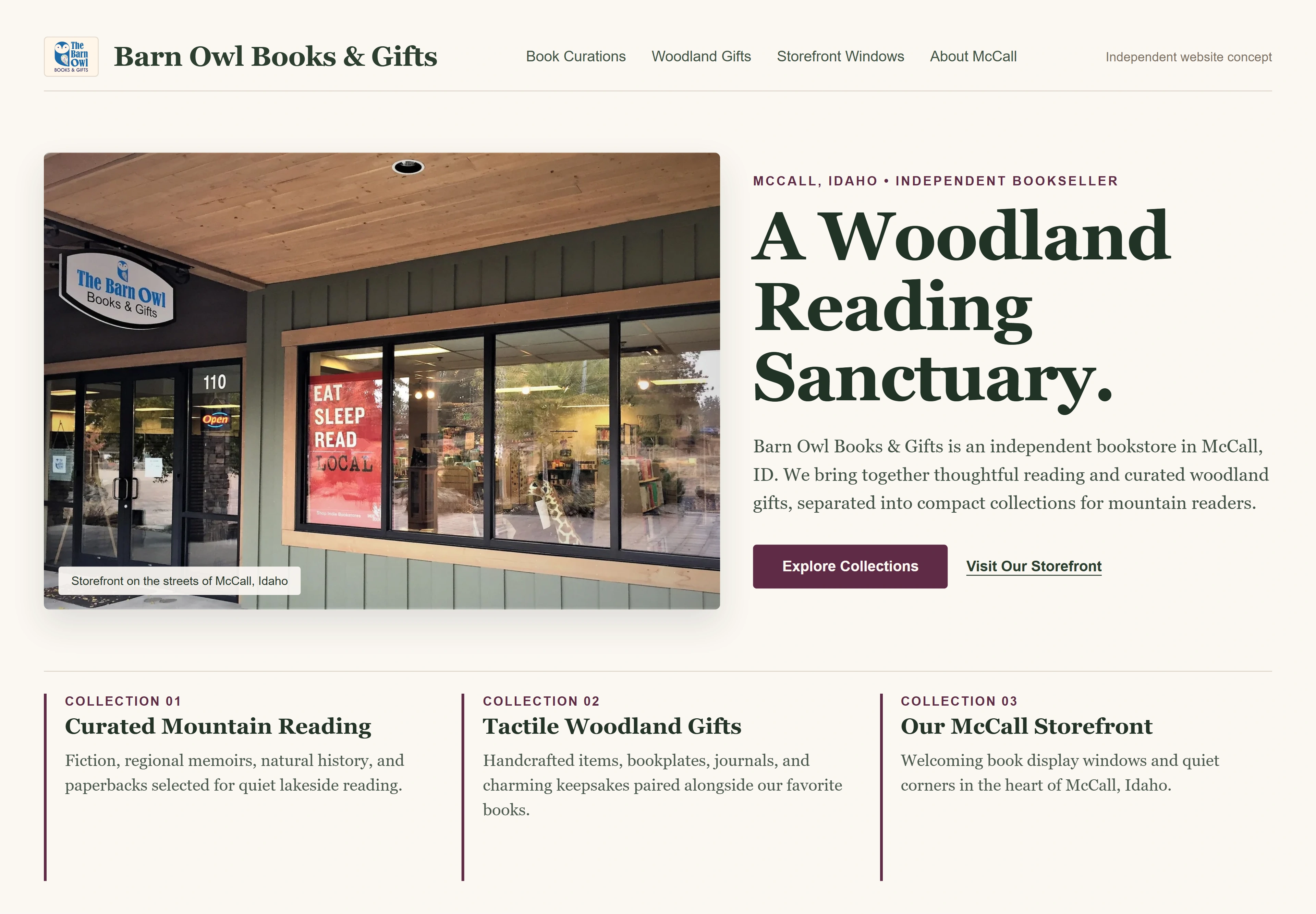 Barn Owl Books & Gifts, individual website design concept A