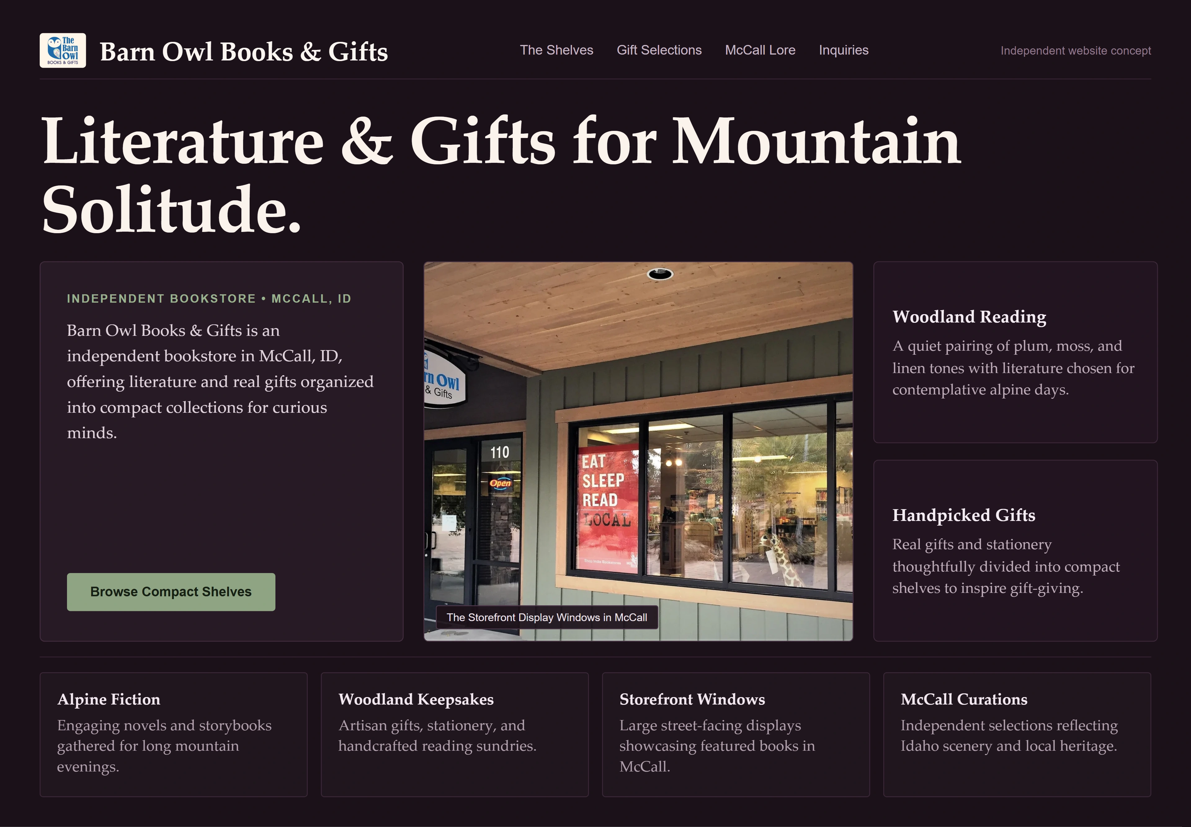 Barn Owl Books & Gifts, individual website design concept B