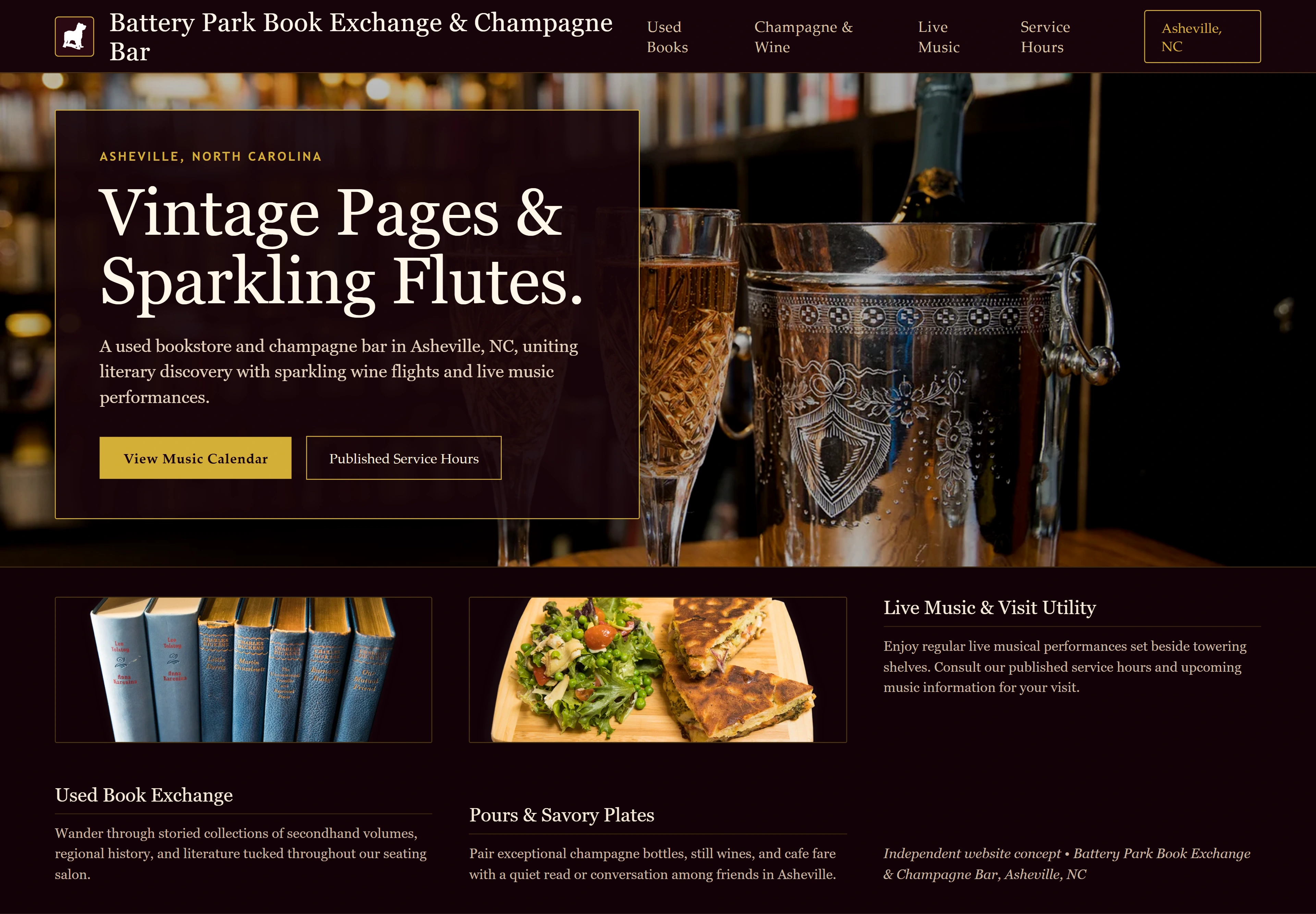 Battery Park Book Exchange & Champagne Bar, individual website design concept A
