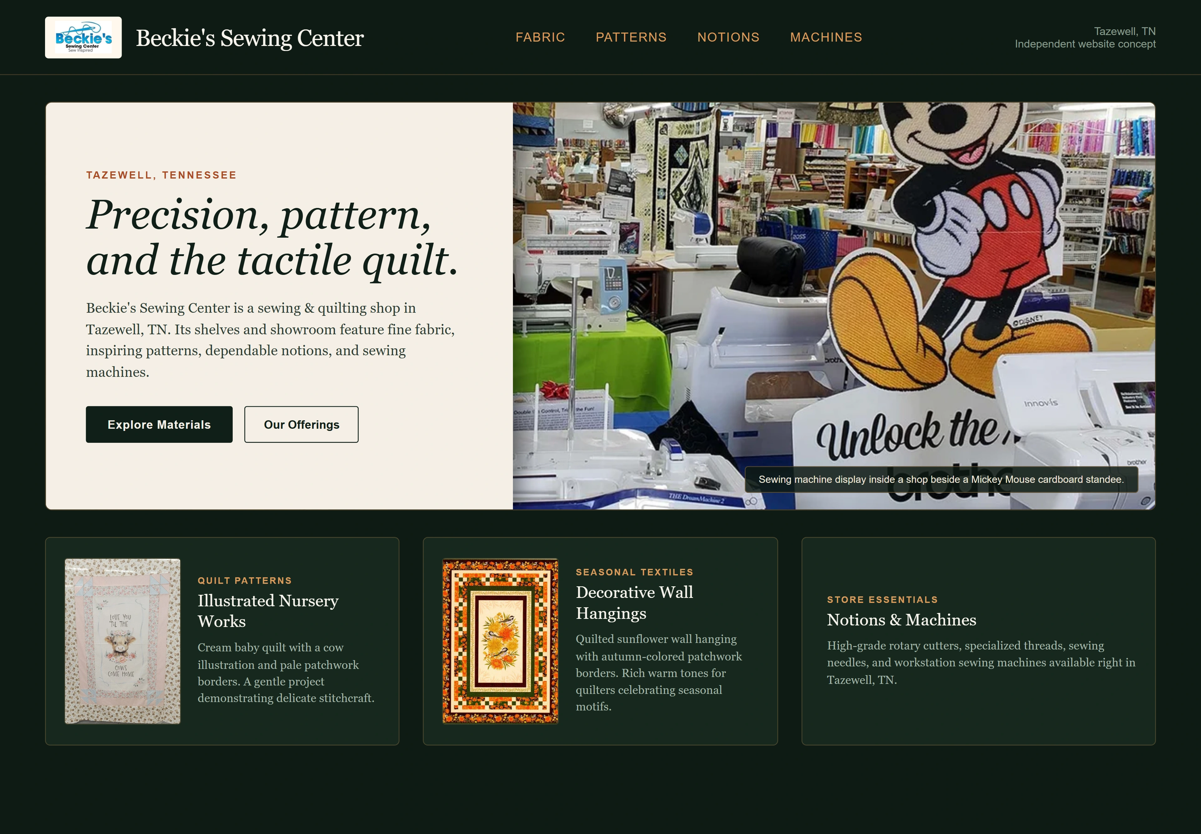 Beckie's Sewing Center, individual website design concept D