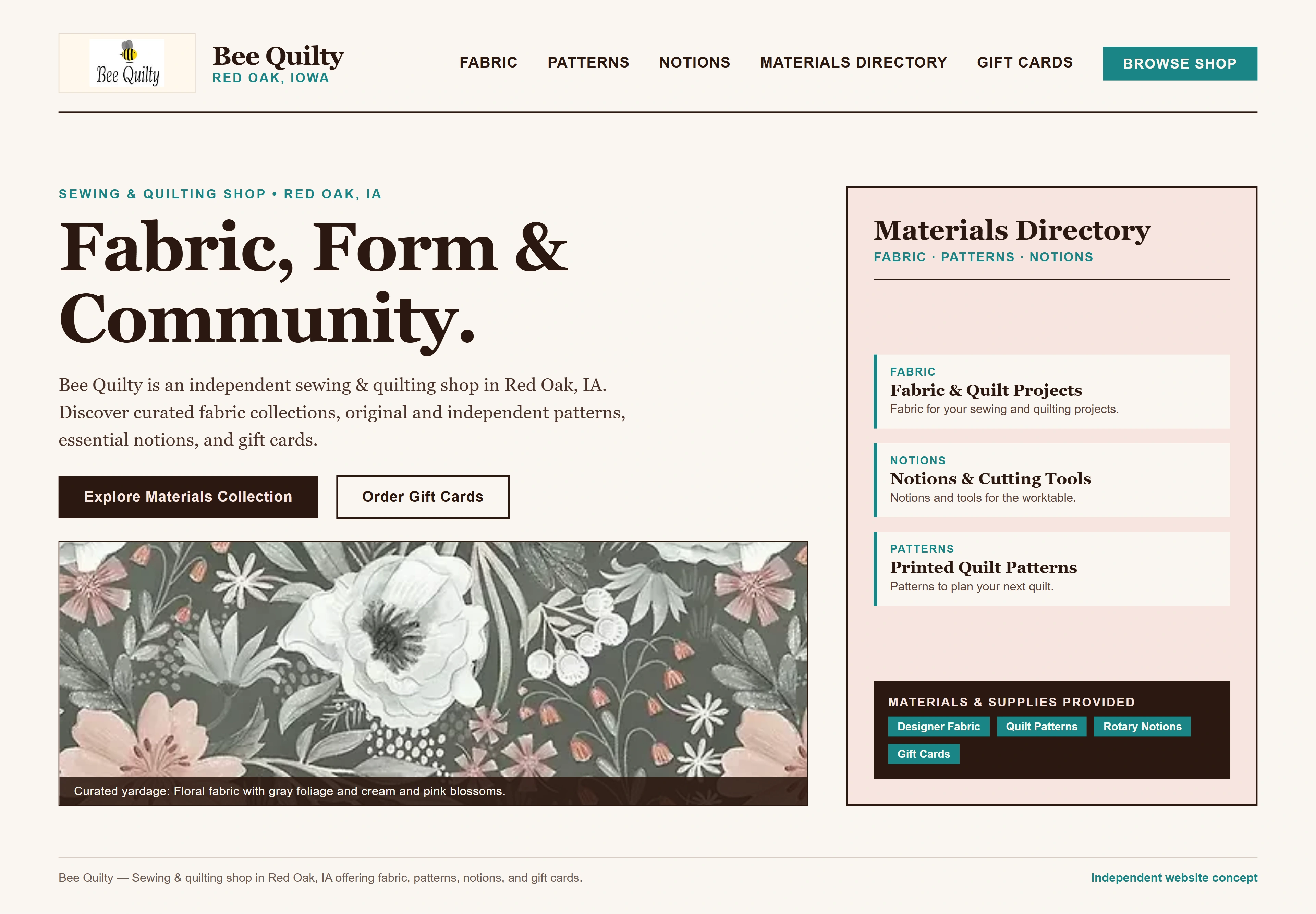 Bee Quilty, individual website design concept A