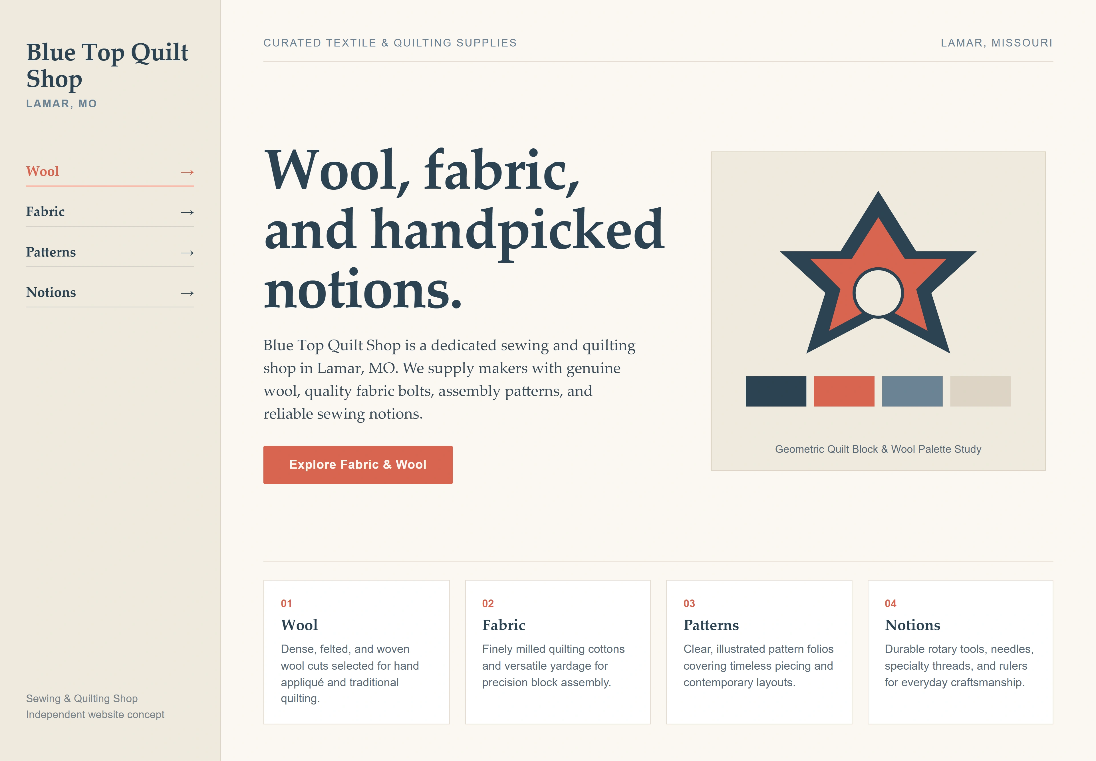 Blue Top Quilt Shop, individual website design concept A