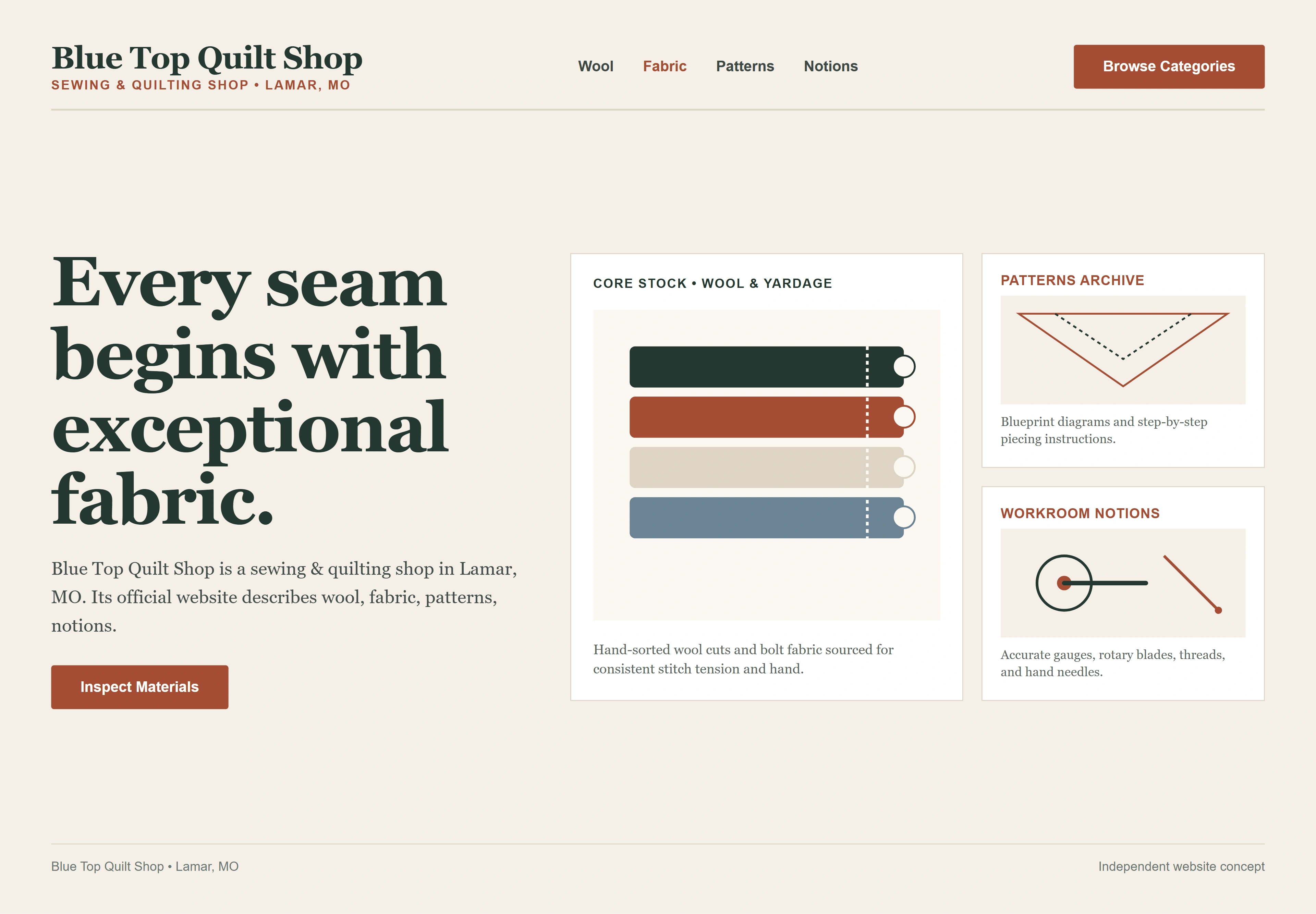 Blue Top Quilt Shop, individual website design concept C