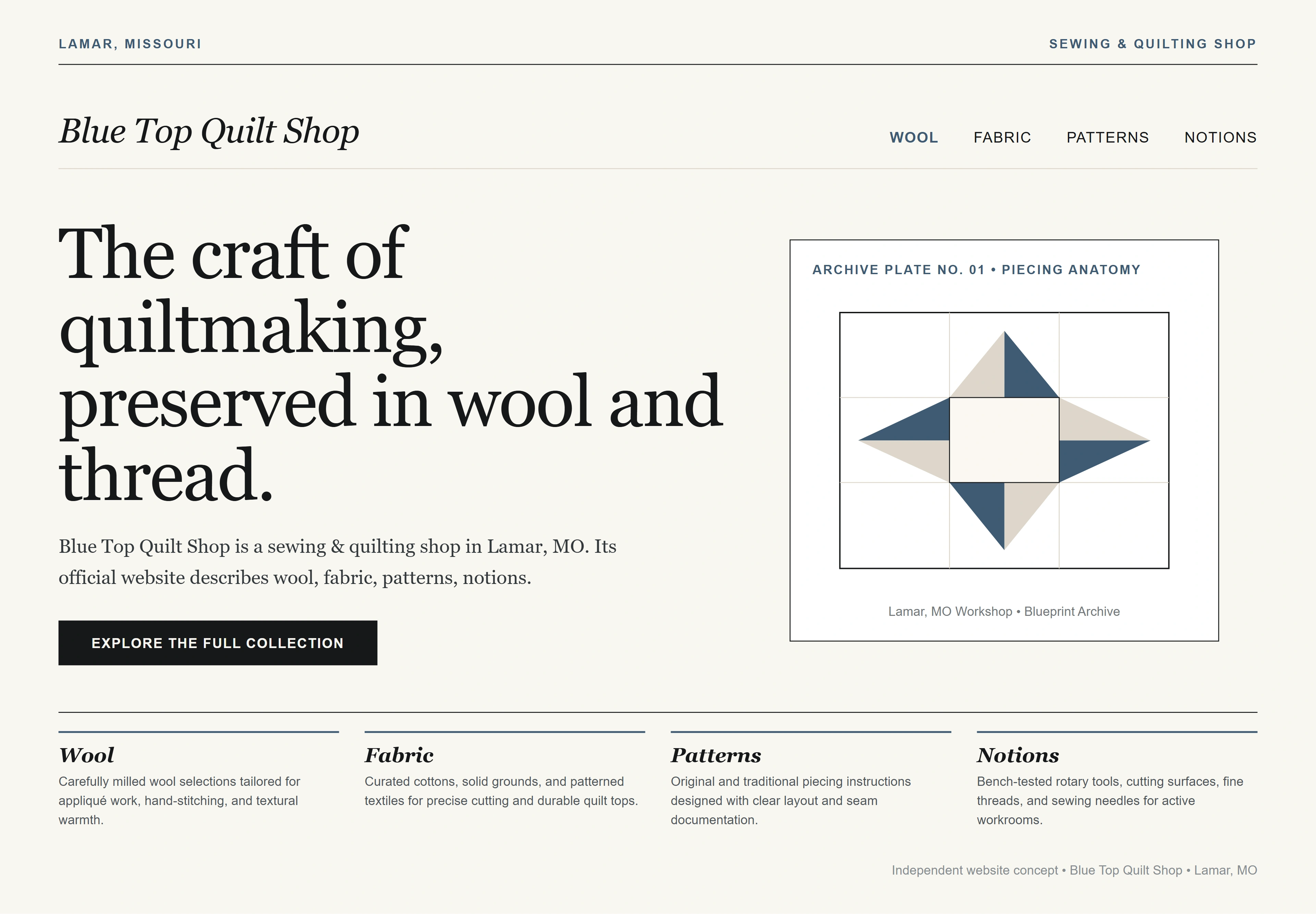 Blue Top Quilt Shop, individual website design concept D