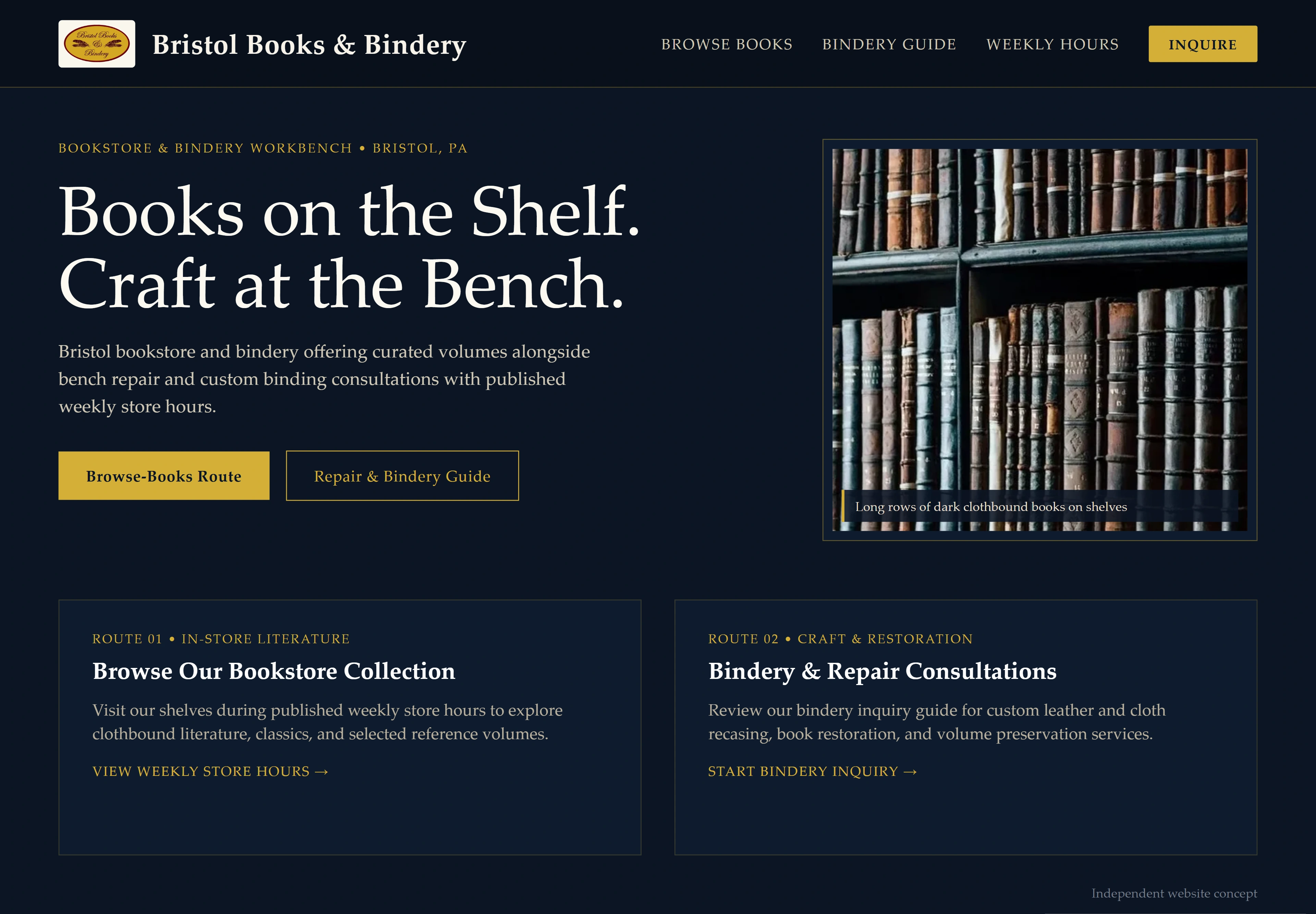 Bristol Books & Bindery, individual website design concept A