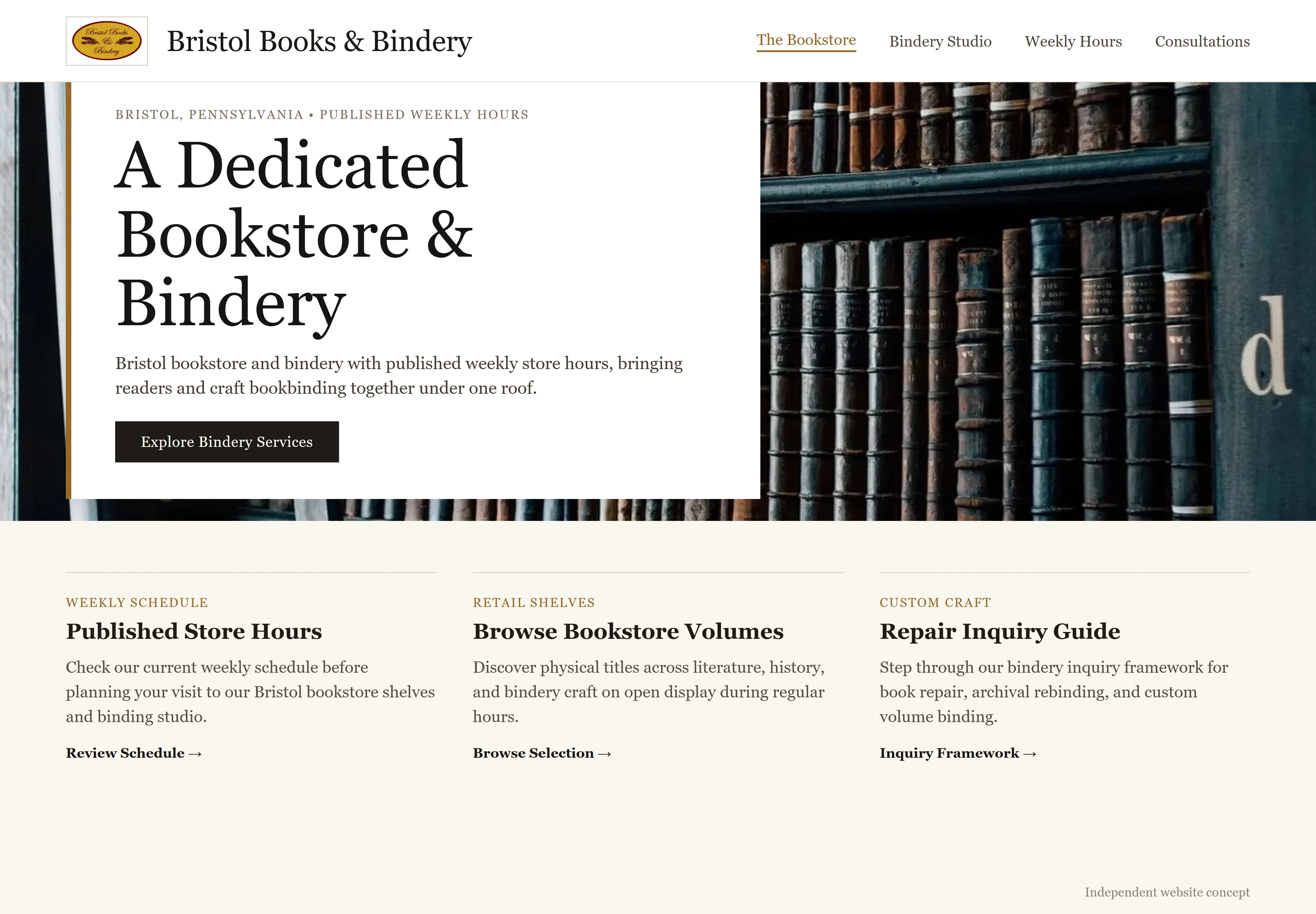 Bristol Books & Bindery, individual website design concept B