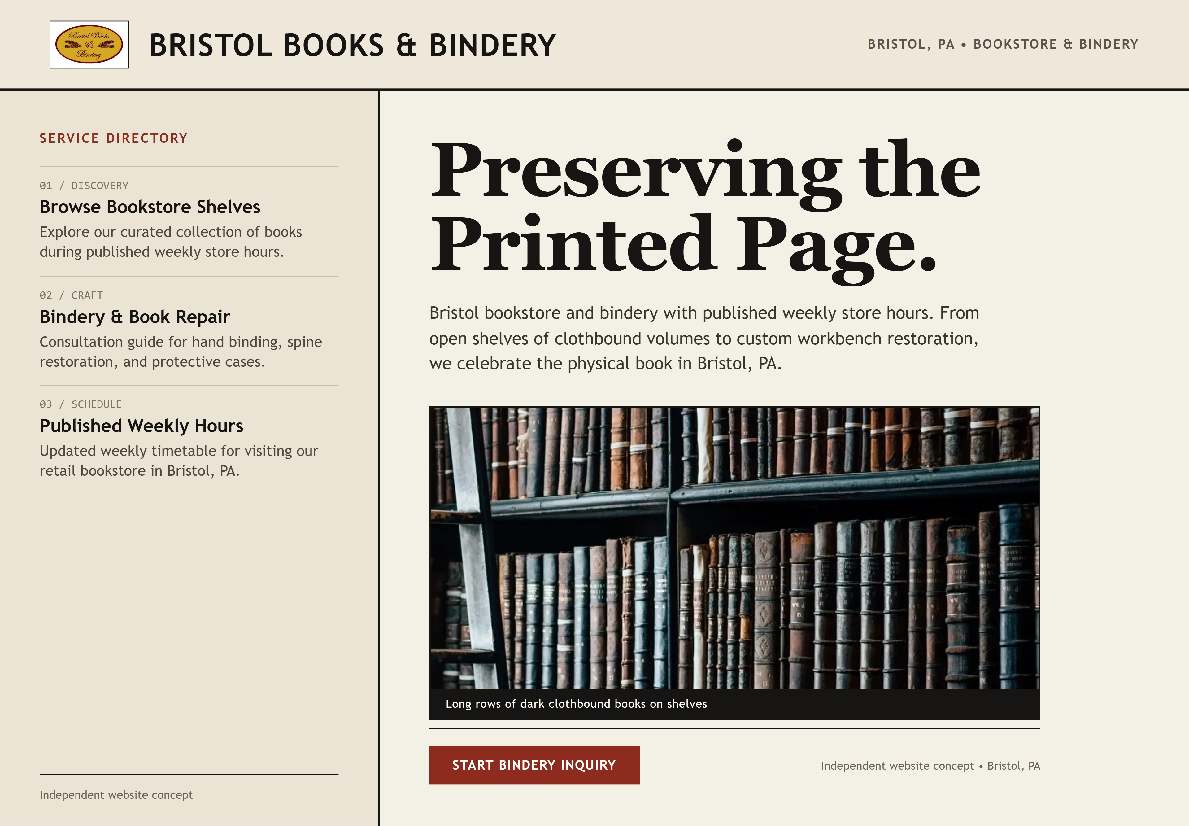 Bristol Books & Bindery, individual website design concept C