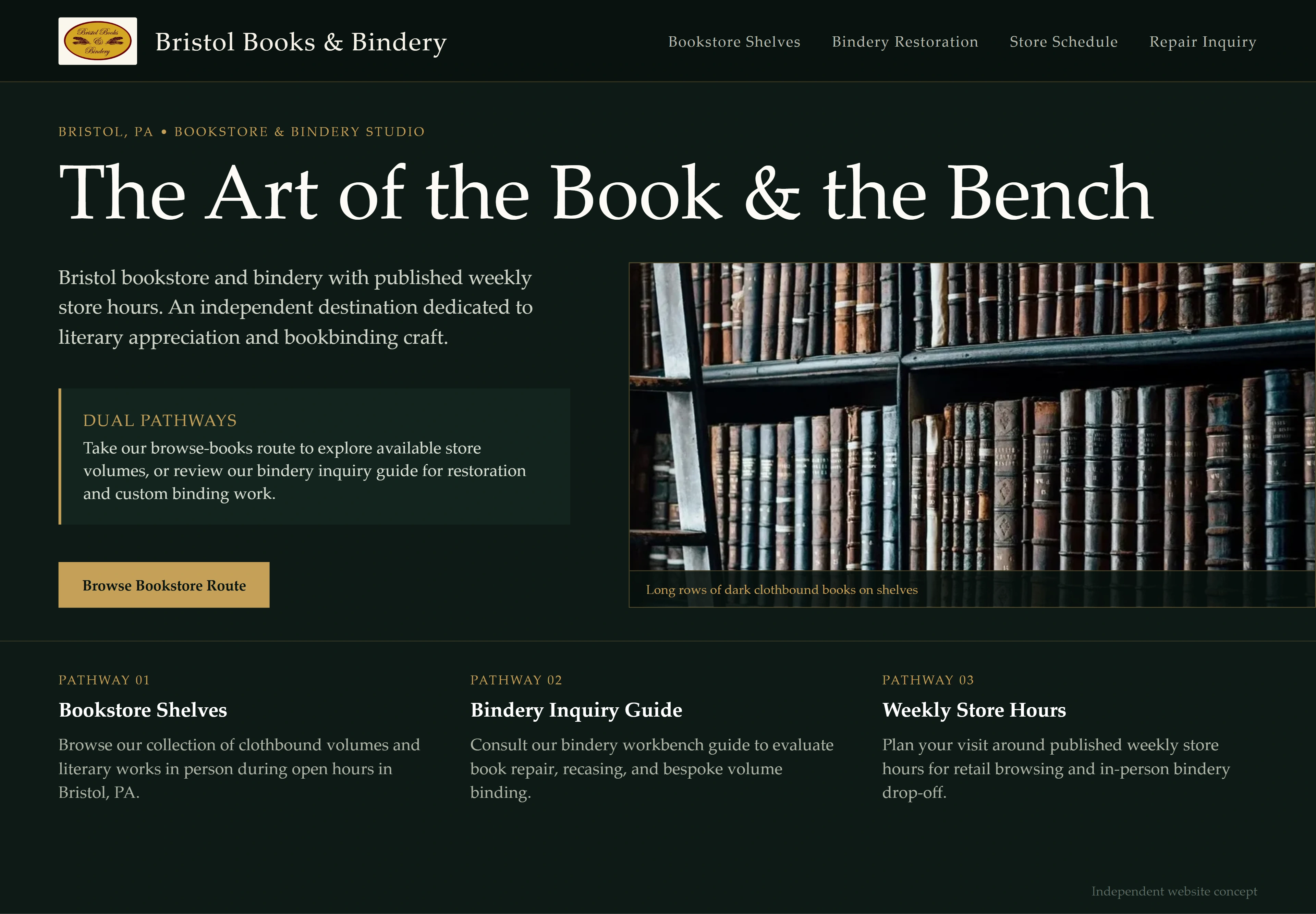 Bristol Books & Bindery, individual website design concept D