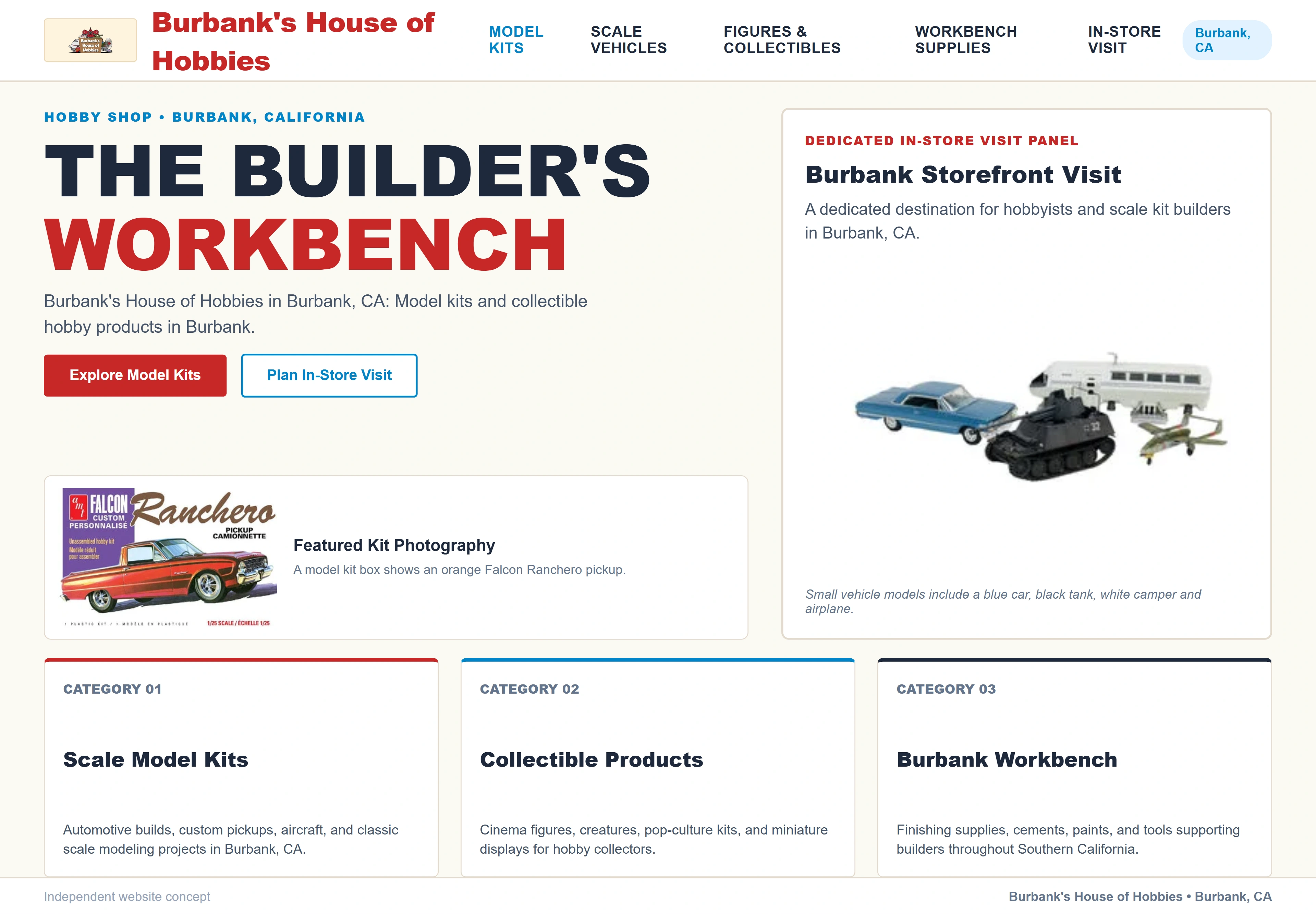 Burbank's House of Hobbies, individual website design concept A