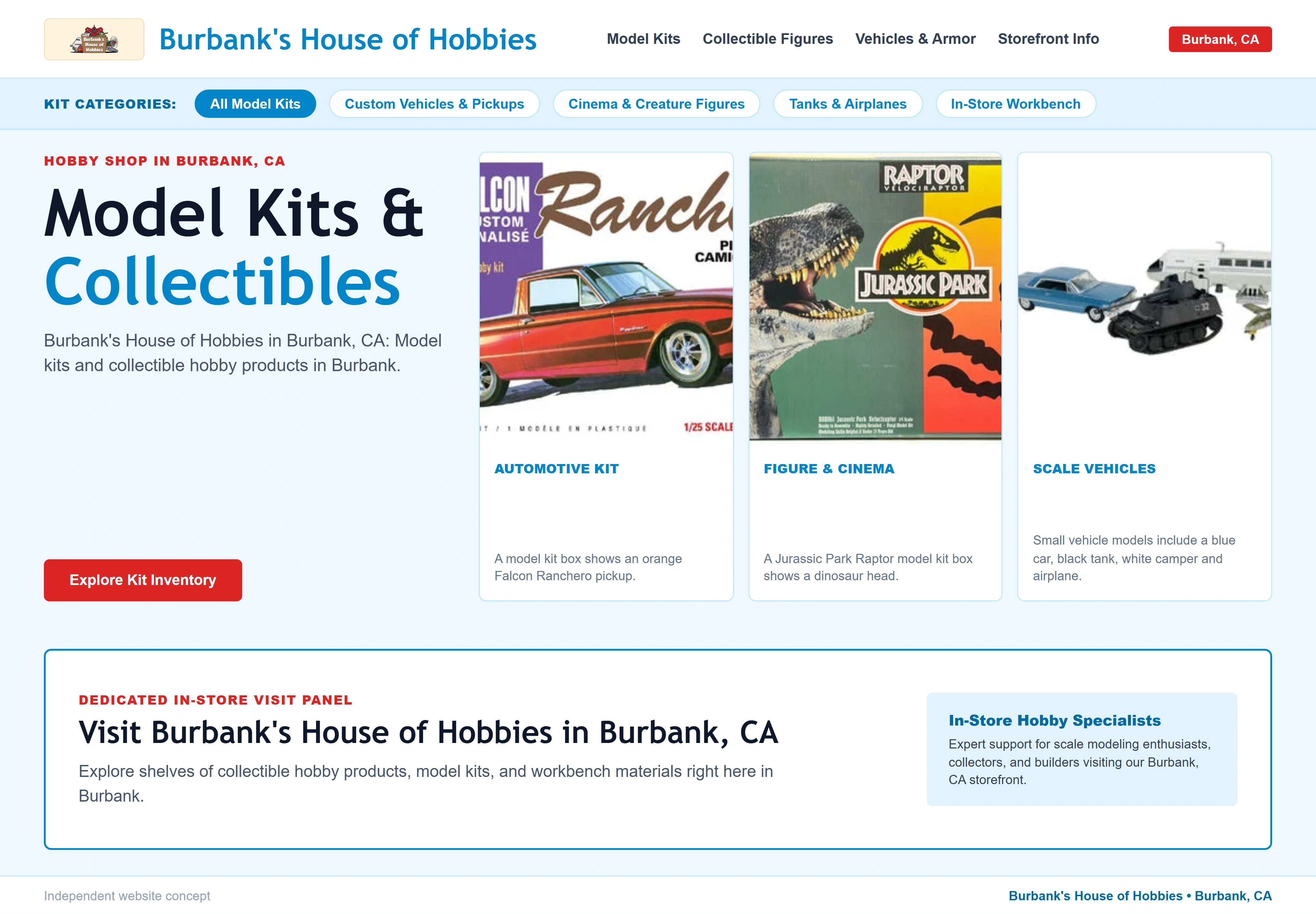 Burbank's House of Hobbies, individual website design concept C