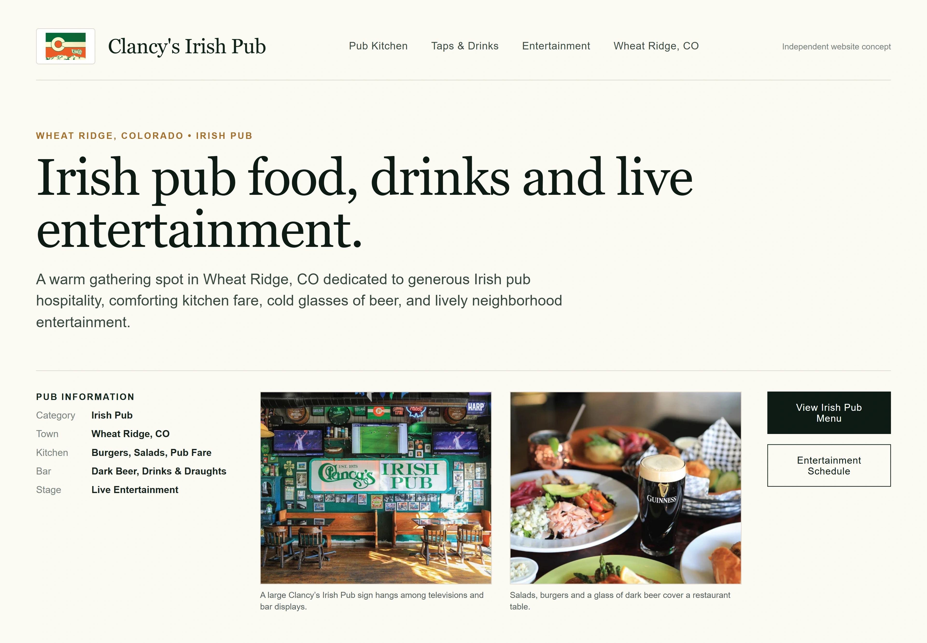 Clancy's Irish Pub, individual website design concept D