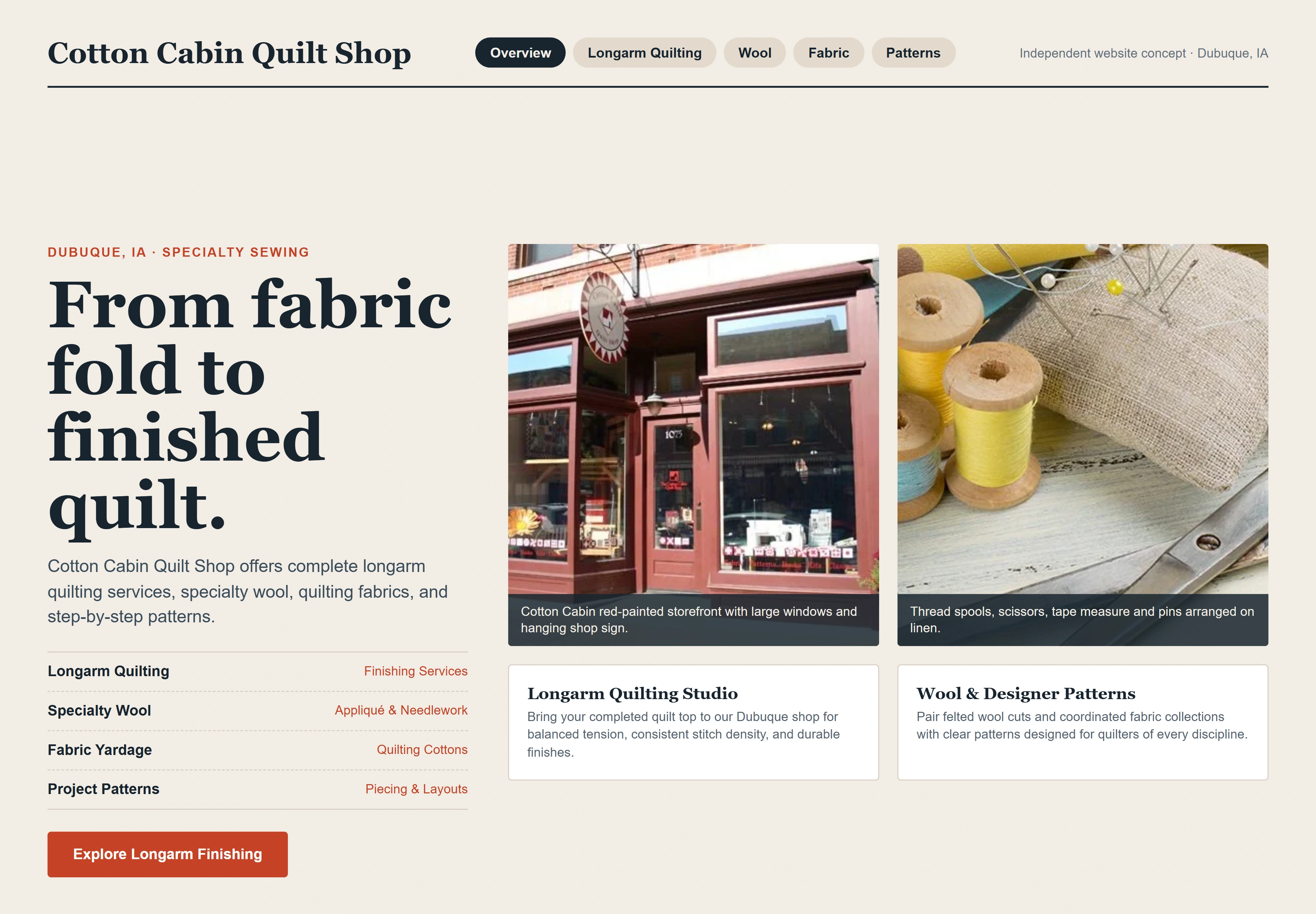 Cotton Cabin Quilt Shop, individual website design concept C