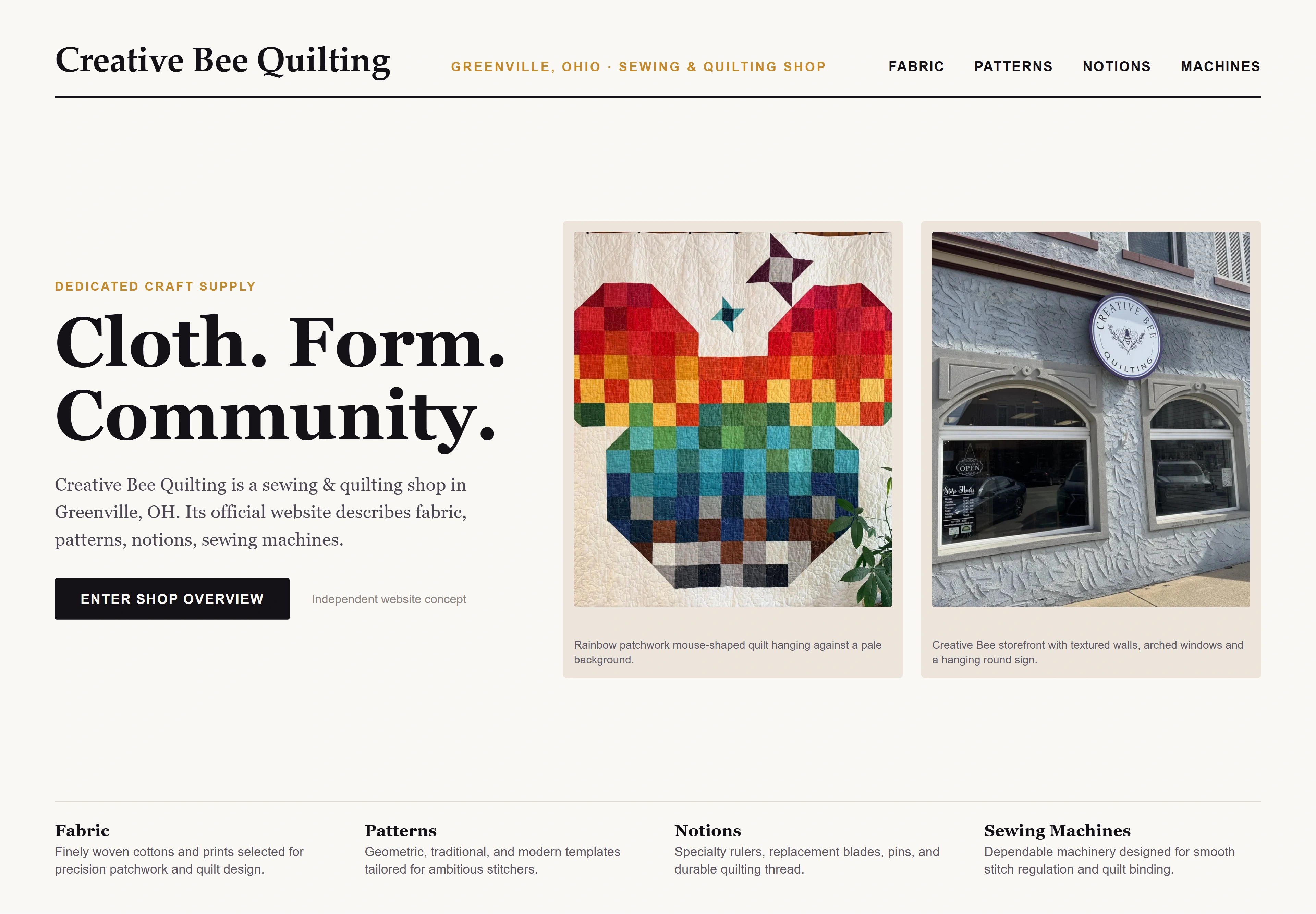 Creative Bee Quilting, individual website design concept D