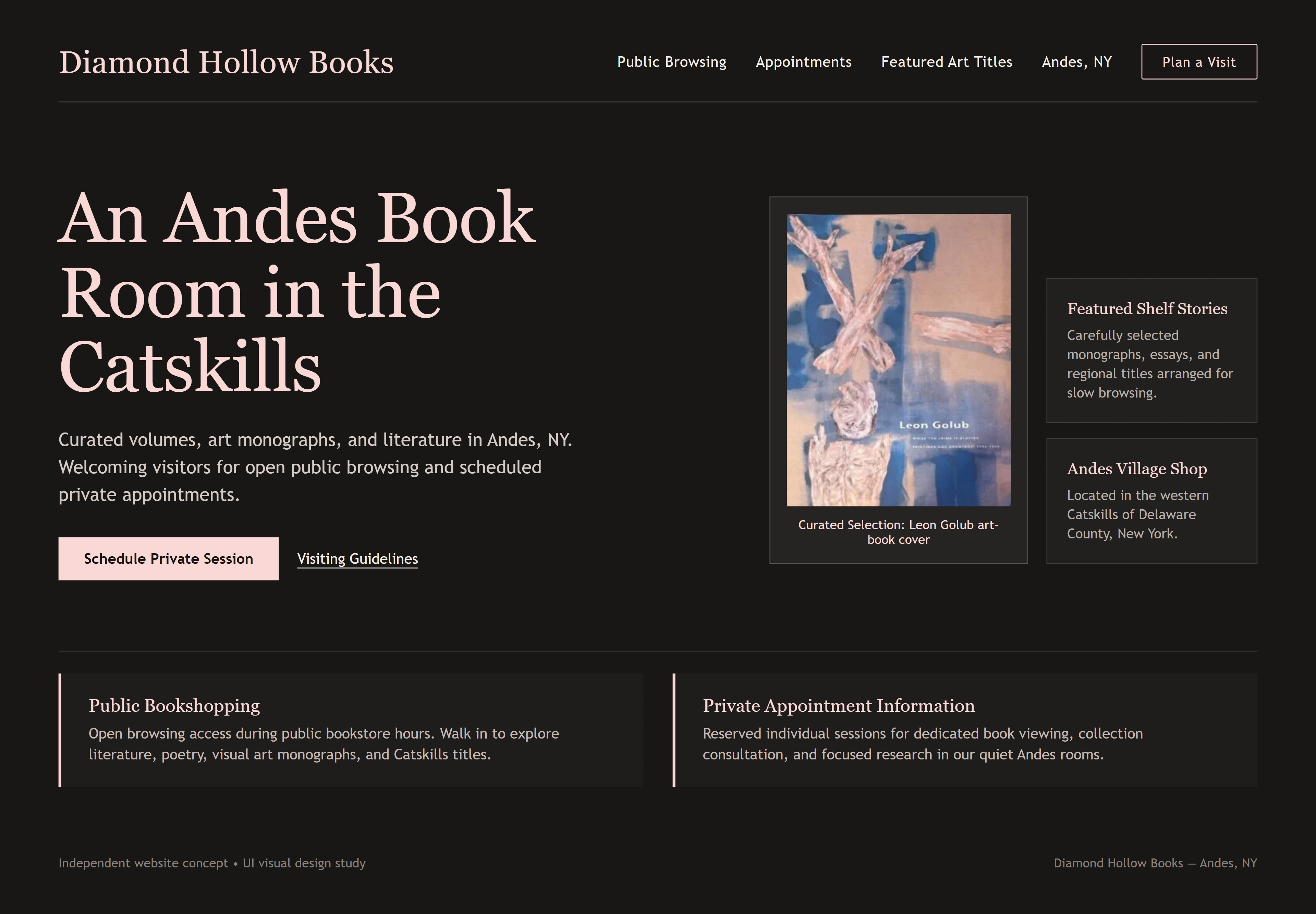 Diamond Hollow Books, individual website design concept A