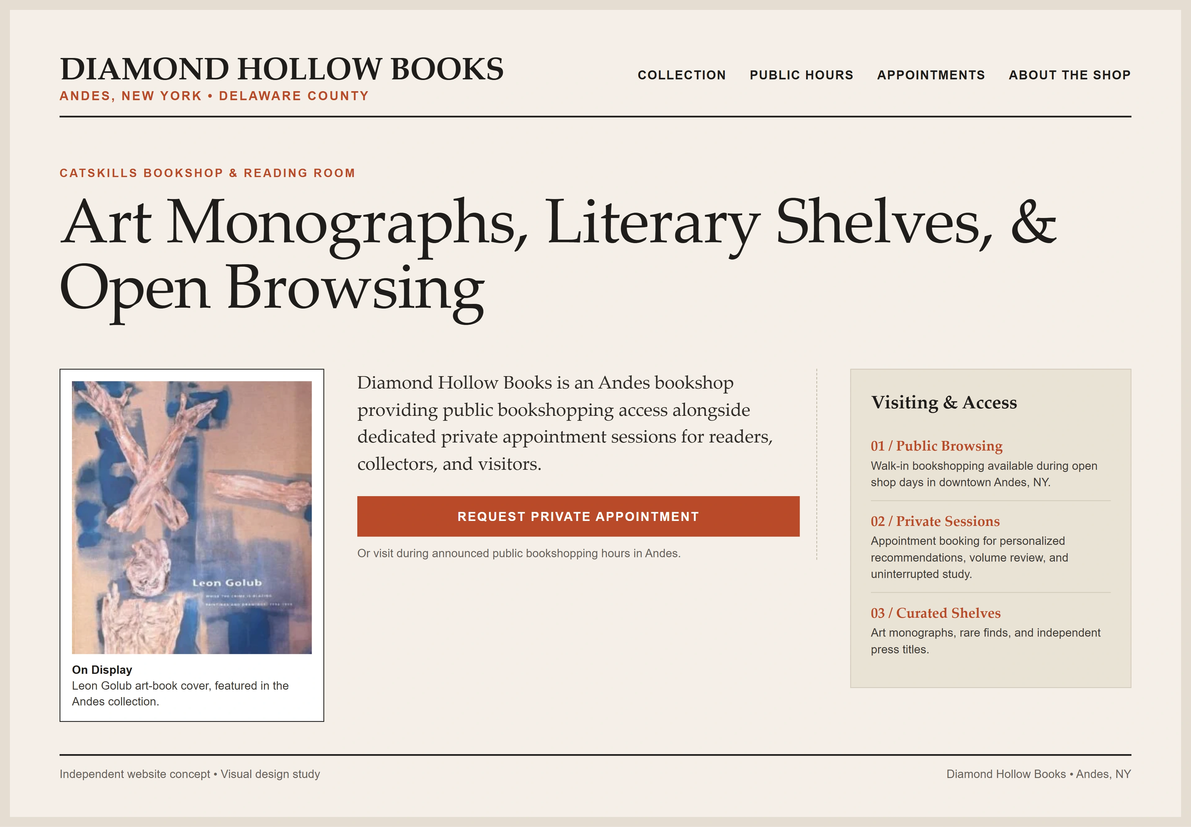 Diamond Hollow Books, individual website design concept B