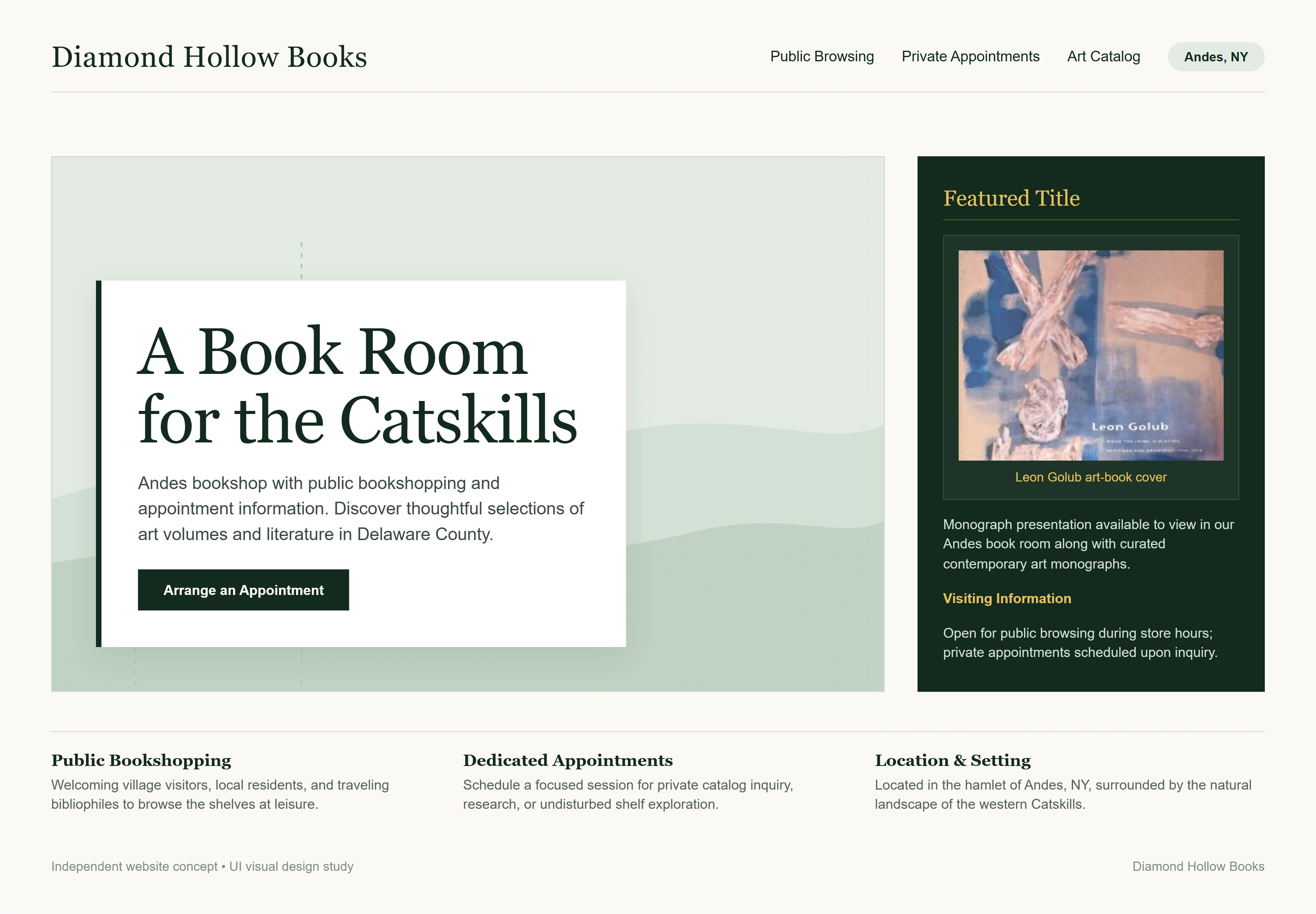 Diamond Hollow Books, individual website design concept C
