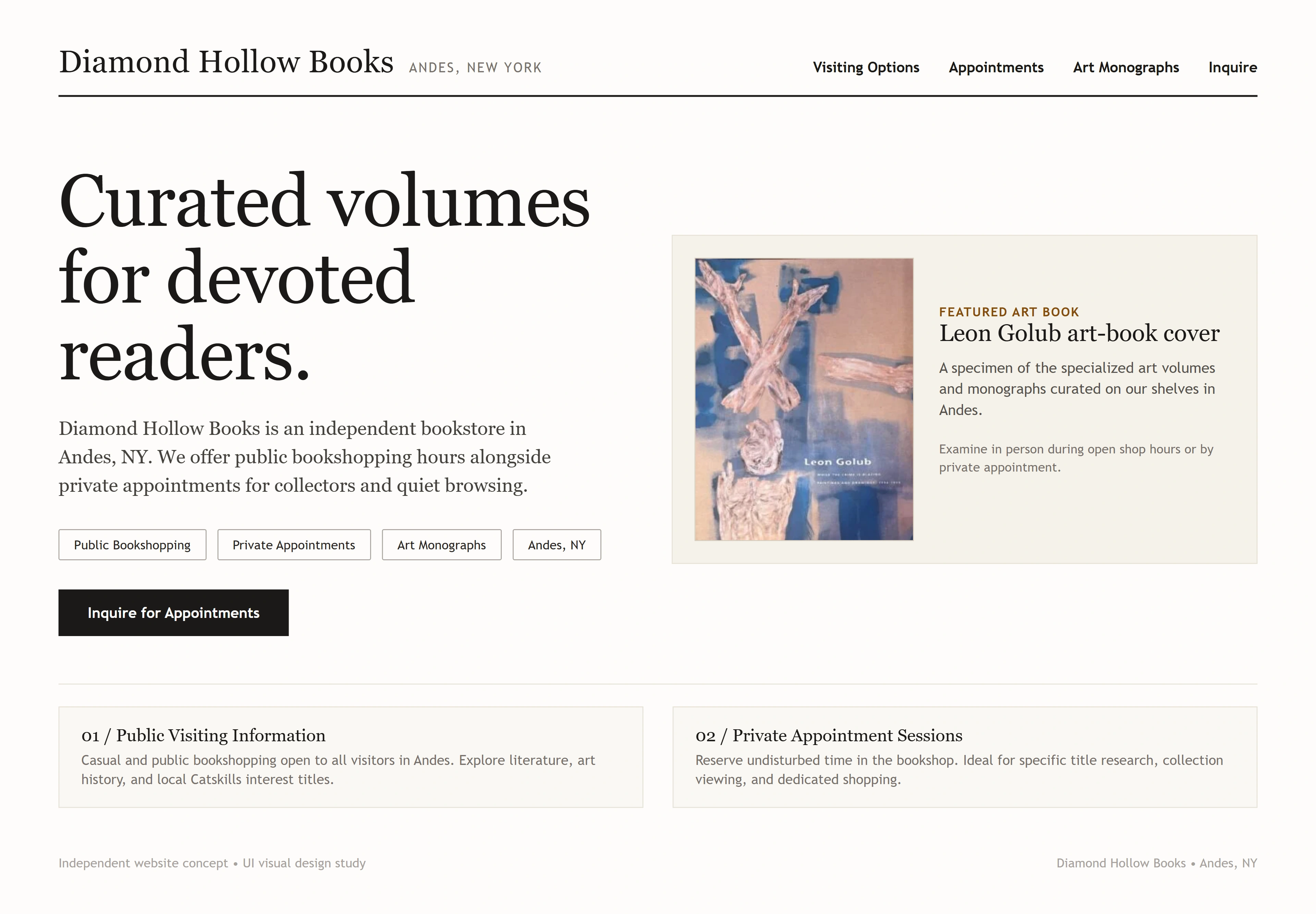 Diamond Hollow Books, individual website design concept D