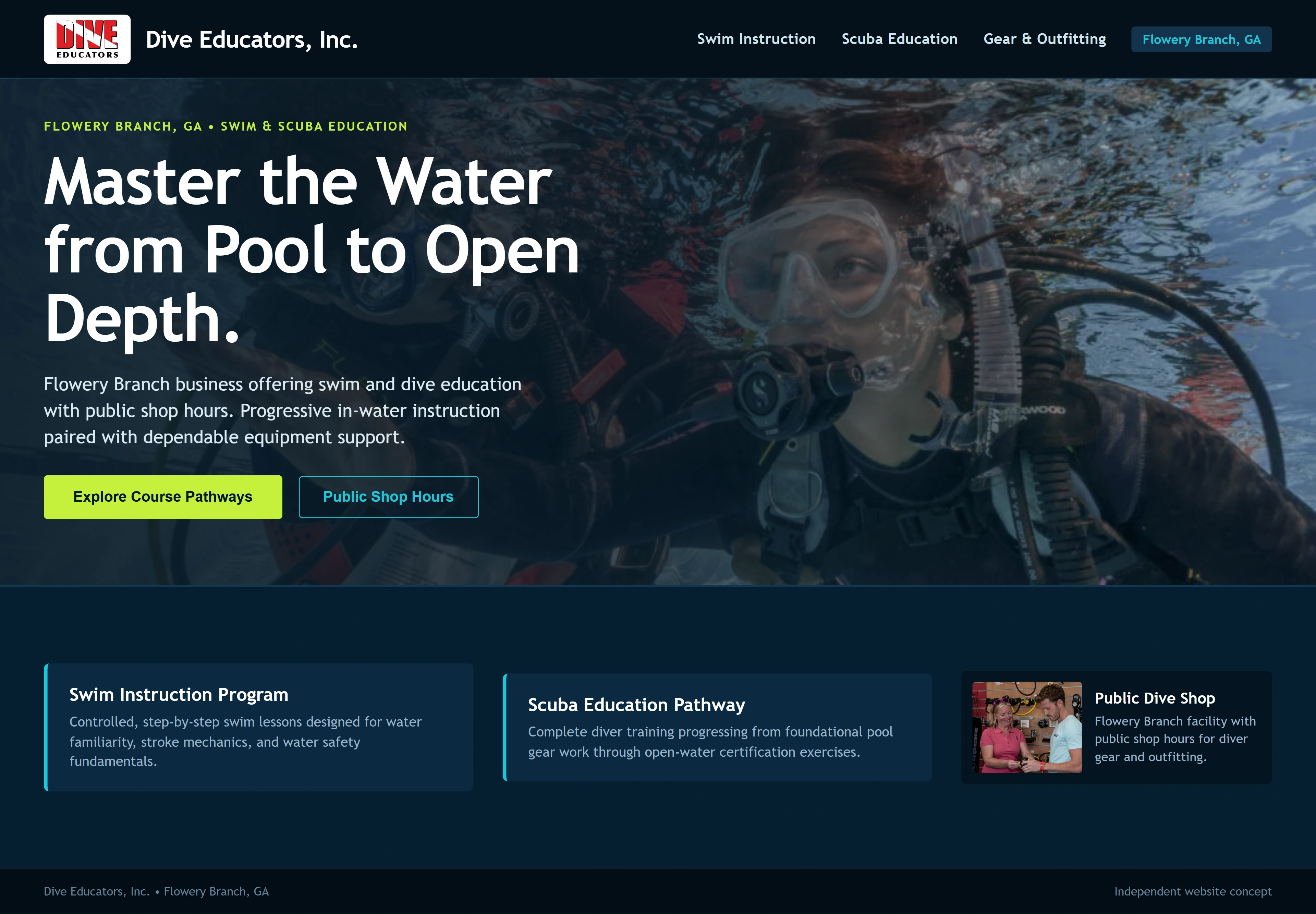 Dive Educators, Inc., individual website design concept A