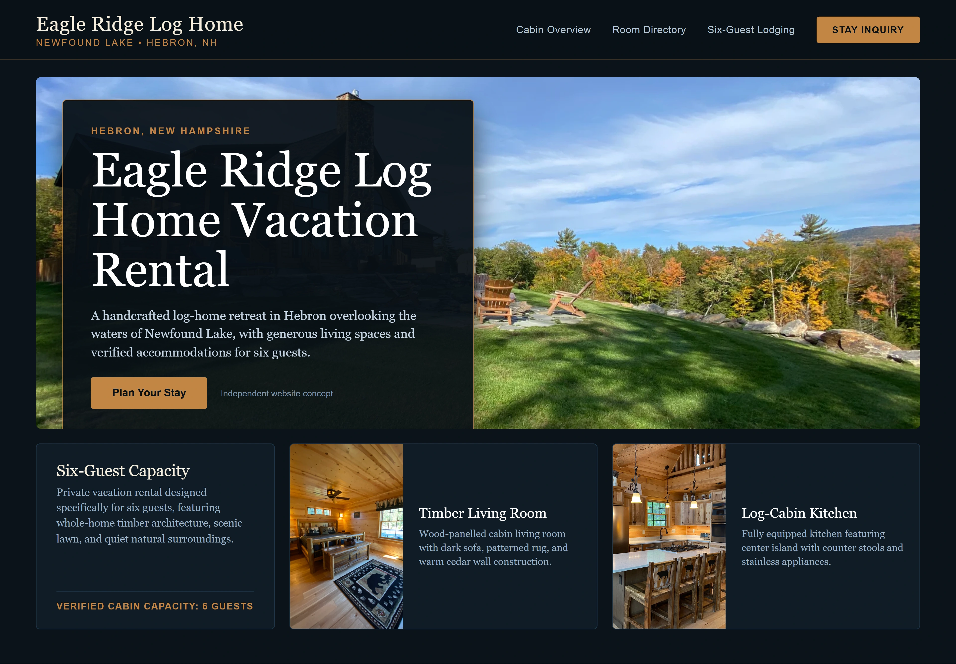 Eagle Ridge Log Home Vacation Rental at Newfound Lake, individual website design concept A