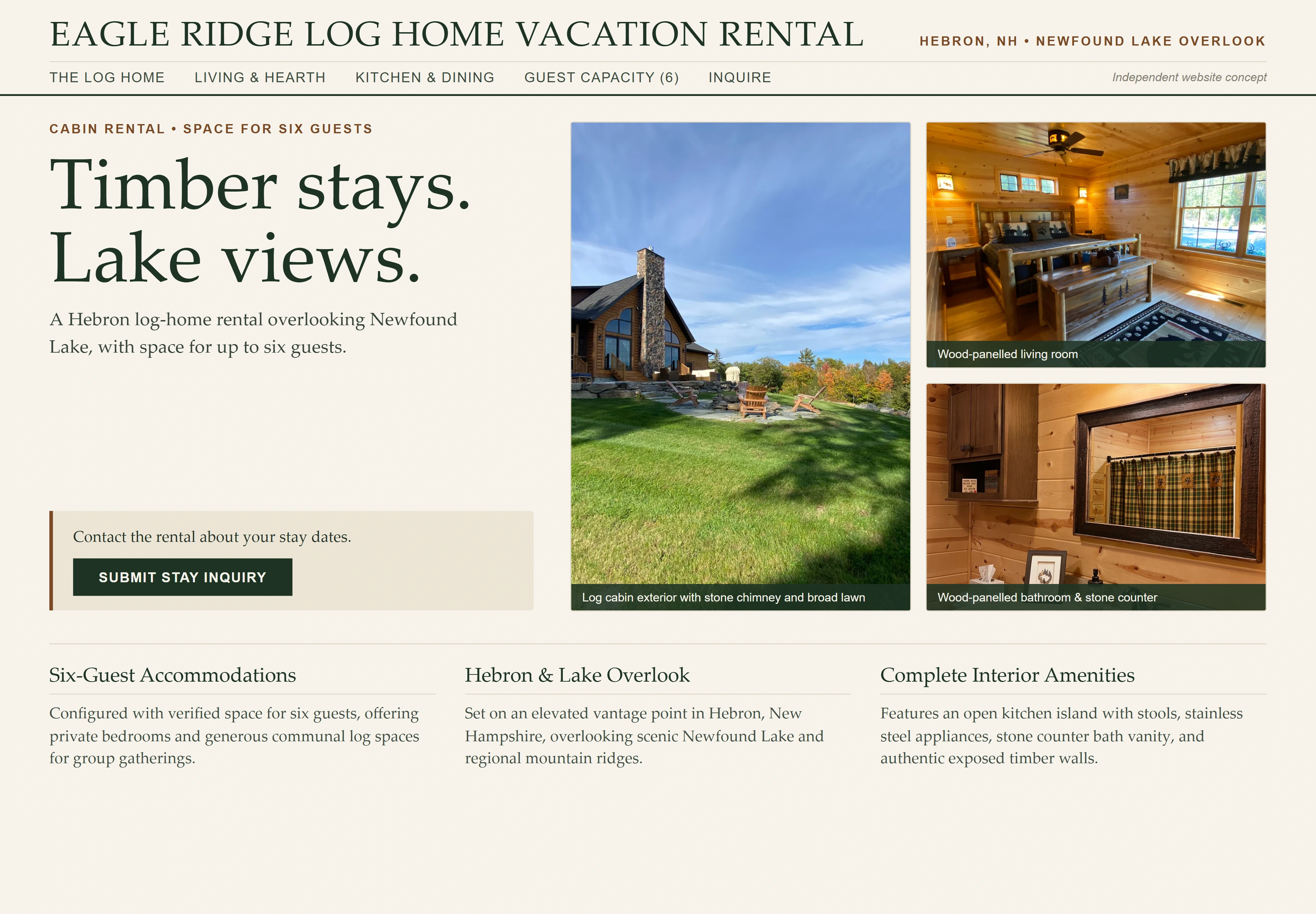 Eagle Ridge Log Home Vacation Rental at Newfound Lake, individual website design concept B