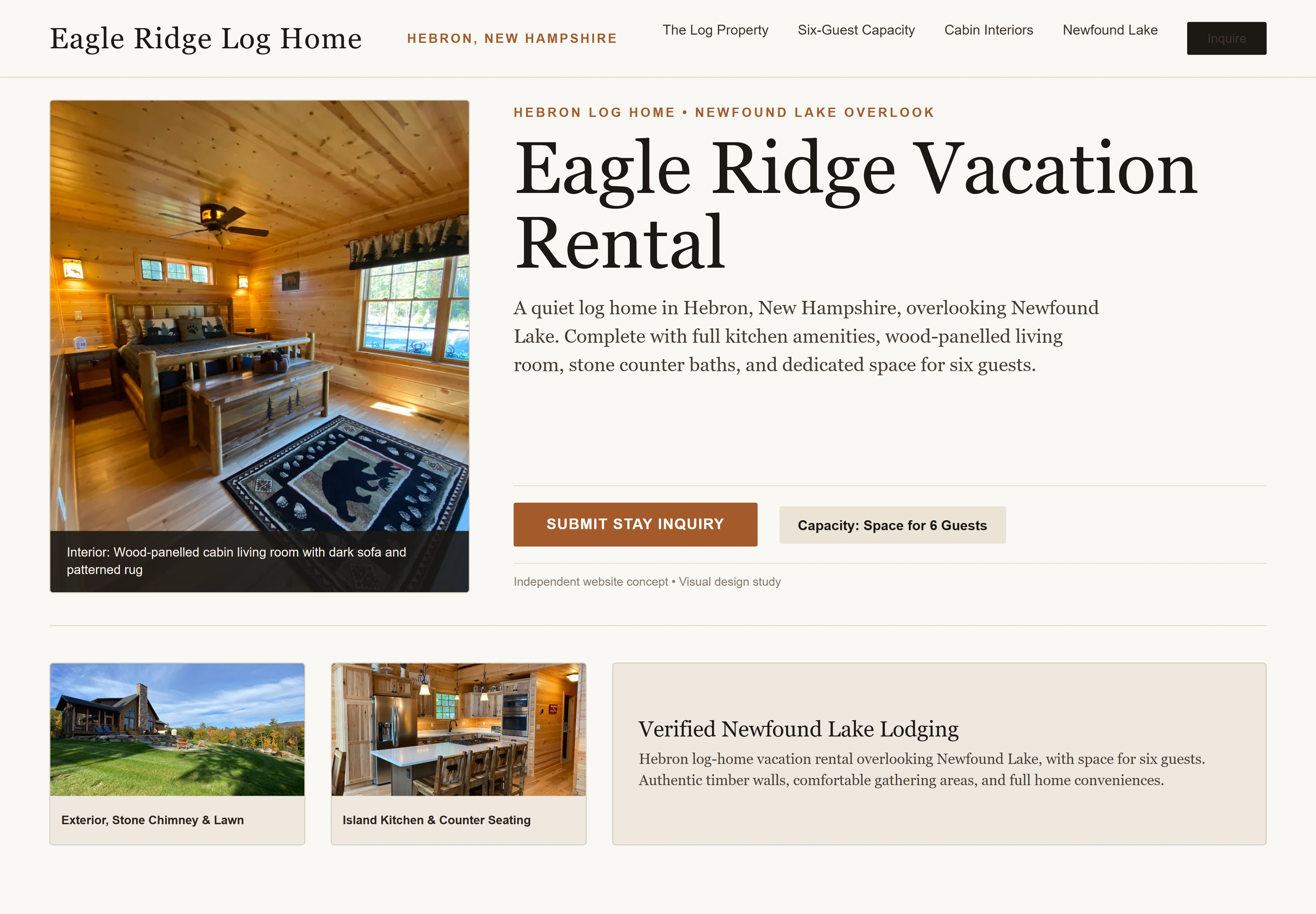 Eagle Ridge Log Home Vacation Rental at Newfound Lake, individual website design concept D