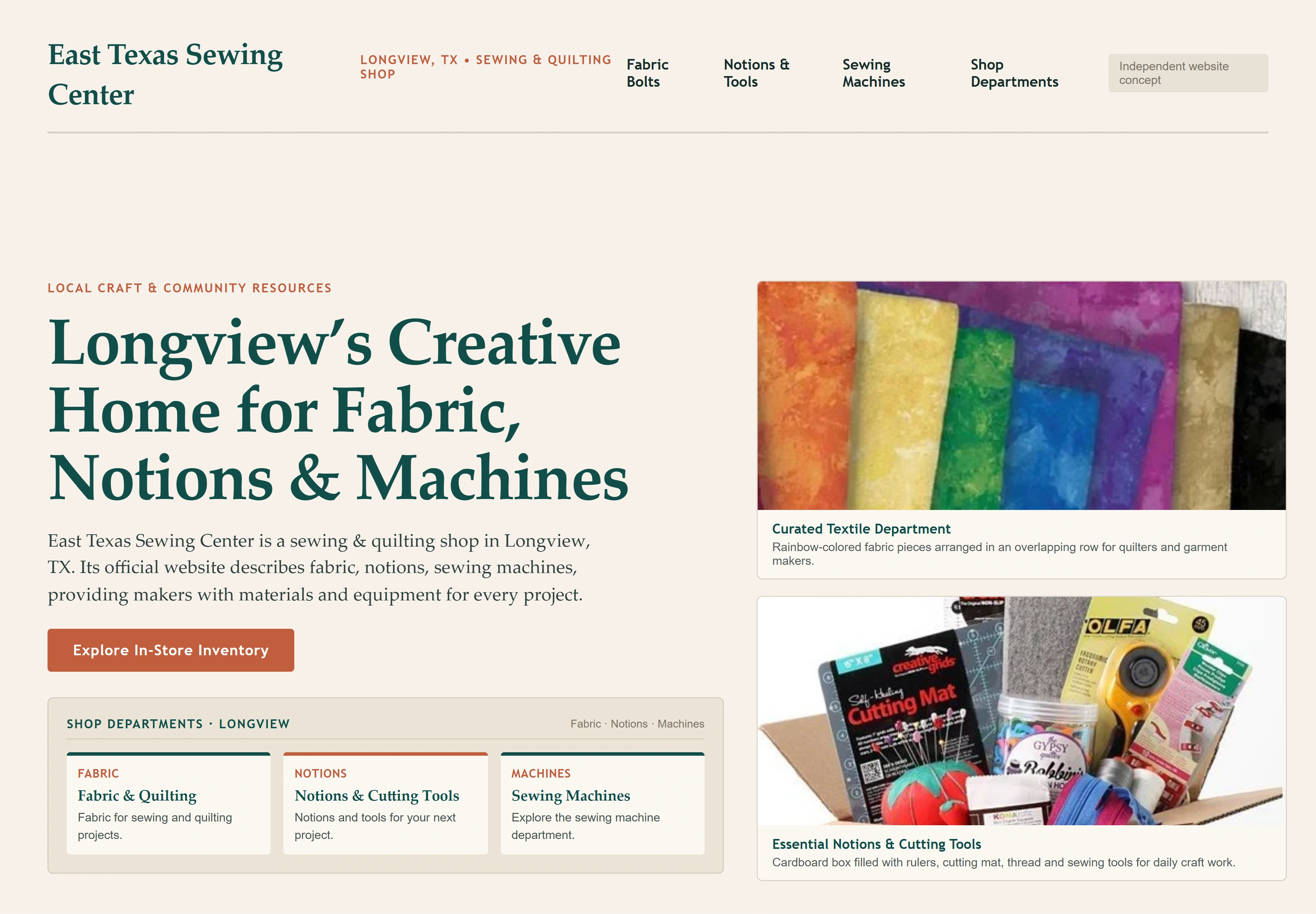 East Texas Sewing Center, individual website design concept A