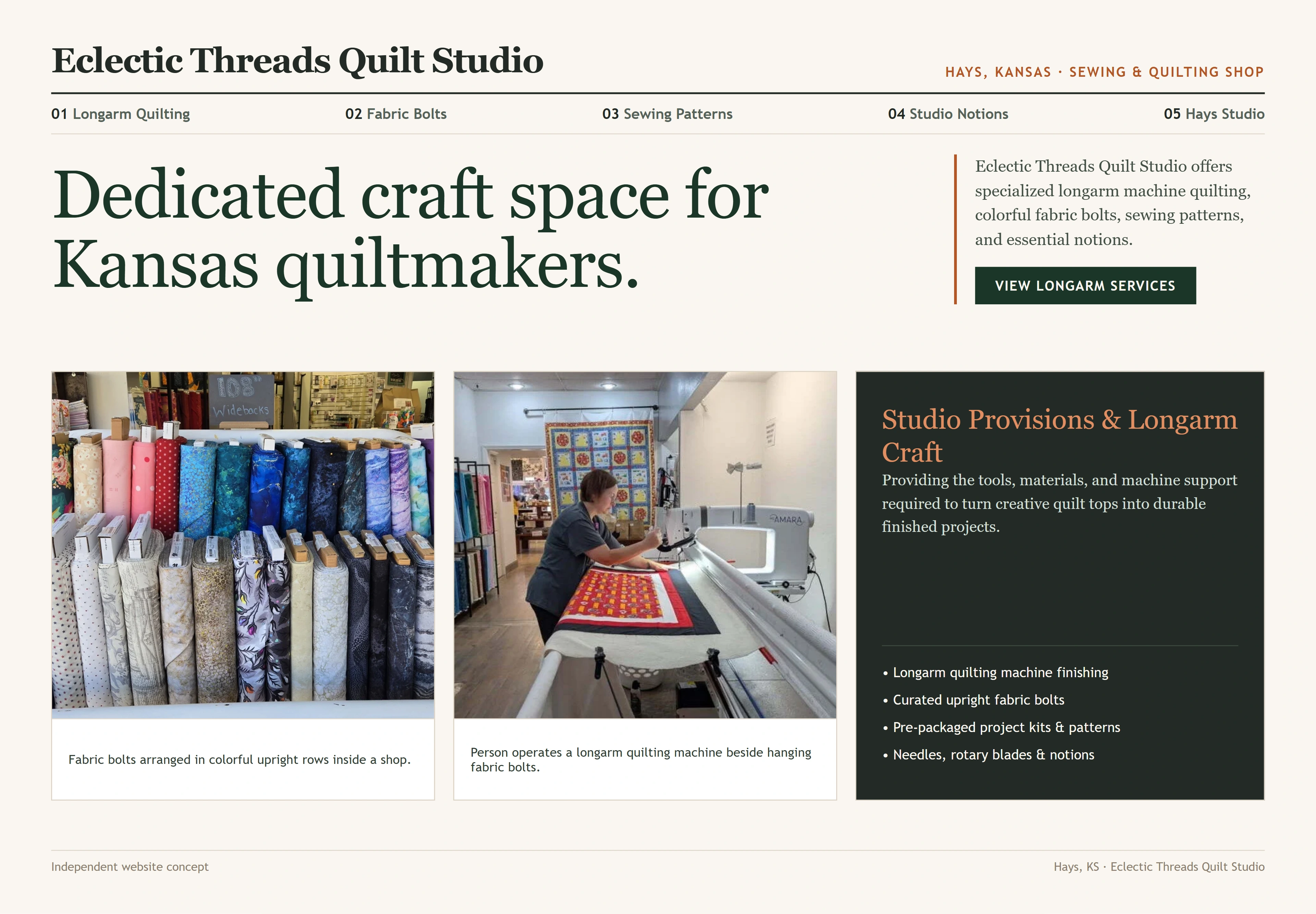 Eclectic Threads Quilt Studio, individual website design concept C