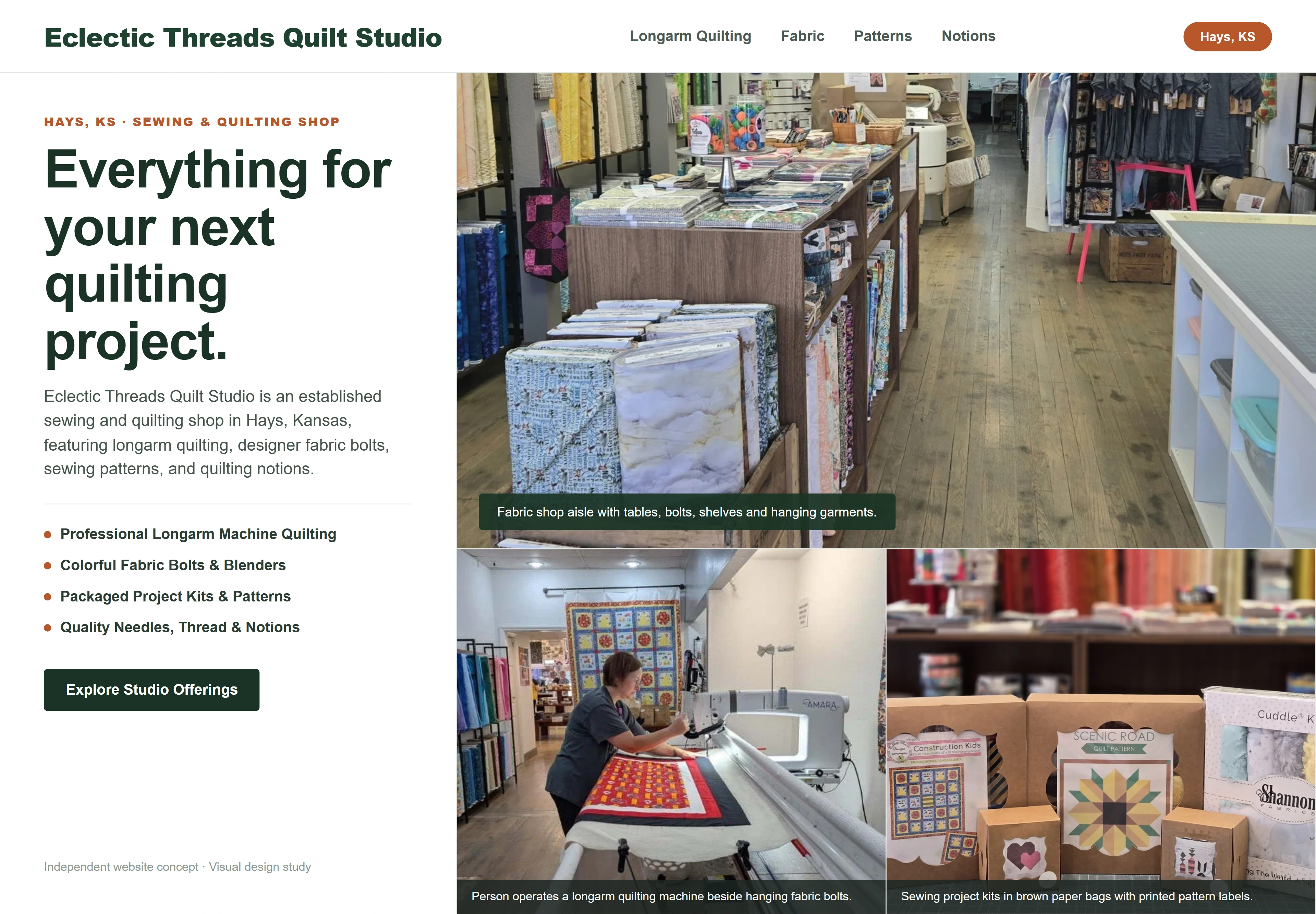 Eclectic Threads Quilt Studio, individual website design concept D