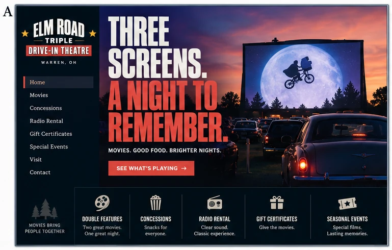 Elm Road Triple Drive-In Theatre, individual website design concept A