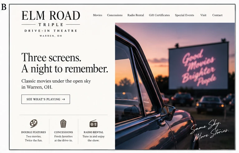 Elm Road Triple Drive-In Theatre, individual website design concept B
