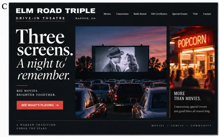 Elm Road Triple Drive-In Theatre, individual website design concept C