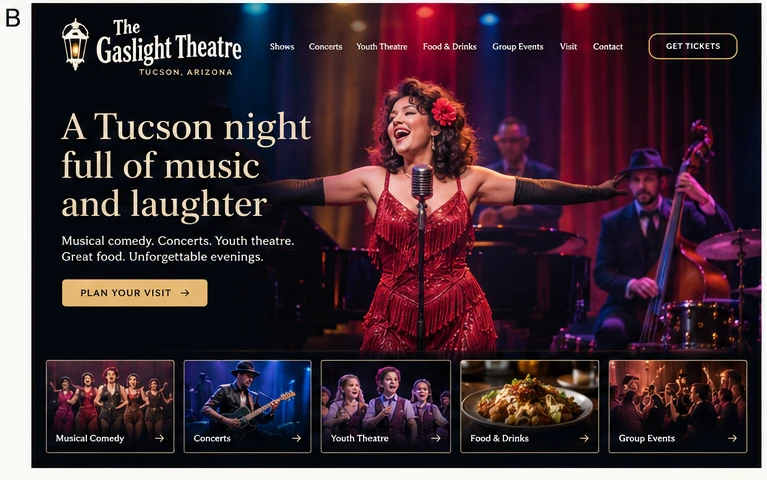 The Gaslight Theatre, individual website design concept B