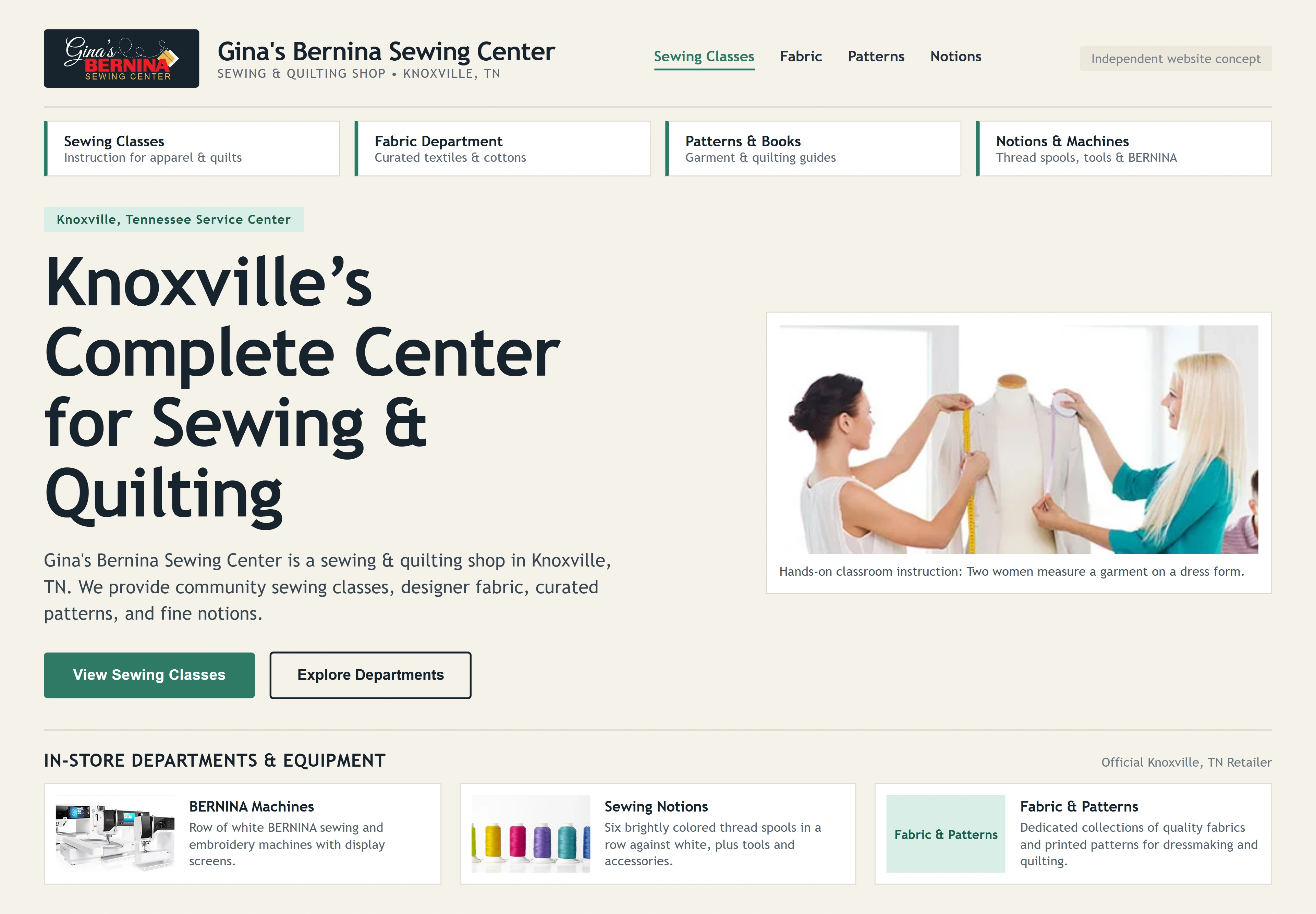 Gina's Bernina Sewing Center, individual website design concept A