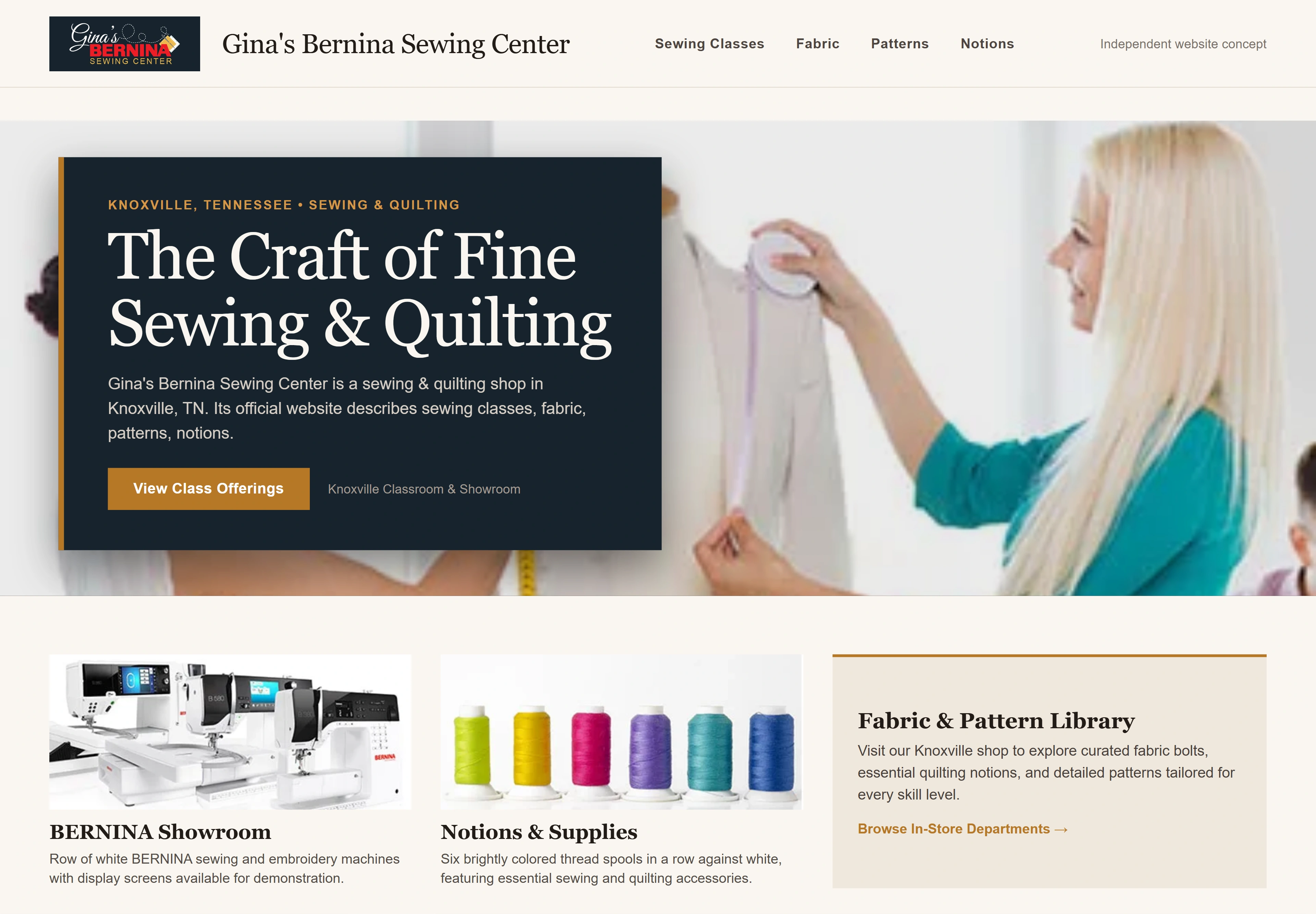 Gina's Bernina Sewing Center, individual website design concept B