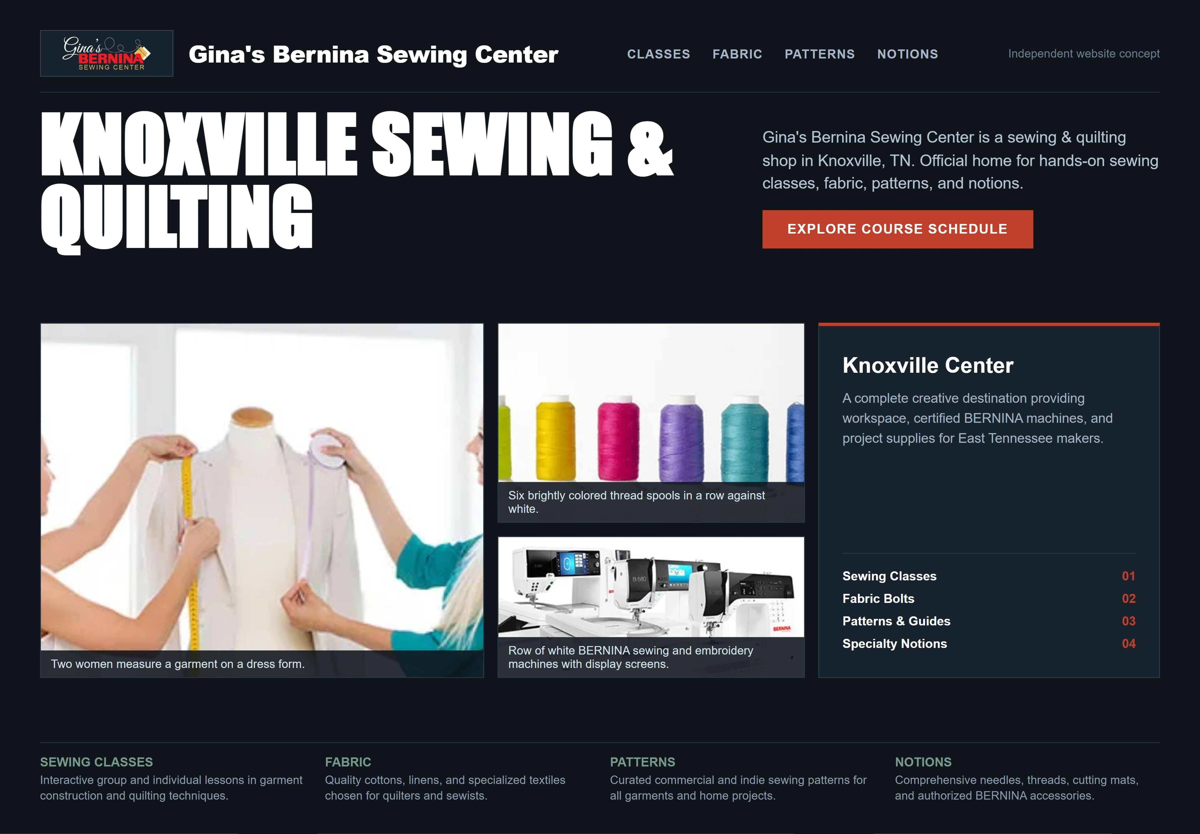 Gina's Bernina Sewing Center, individual website design concept C