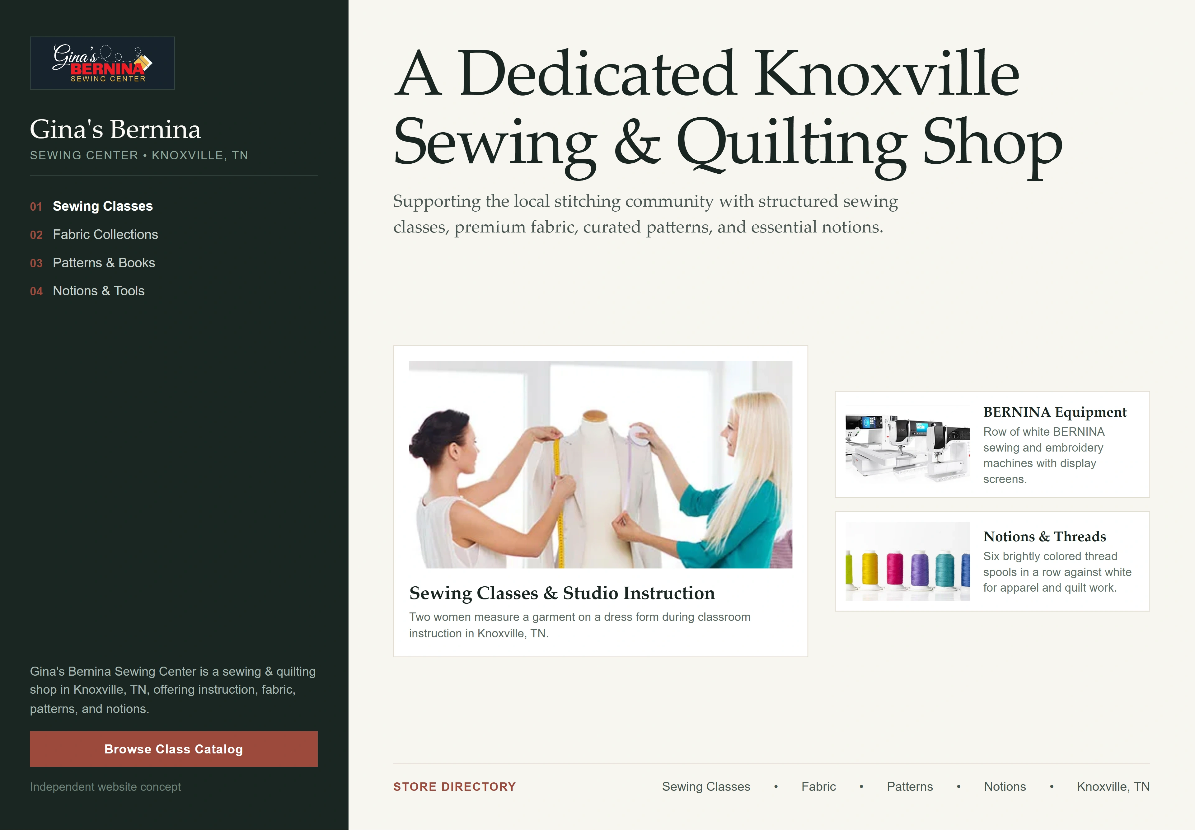 Gina's Bernina Sewing Center, individual website design concept D