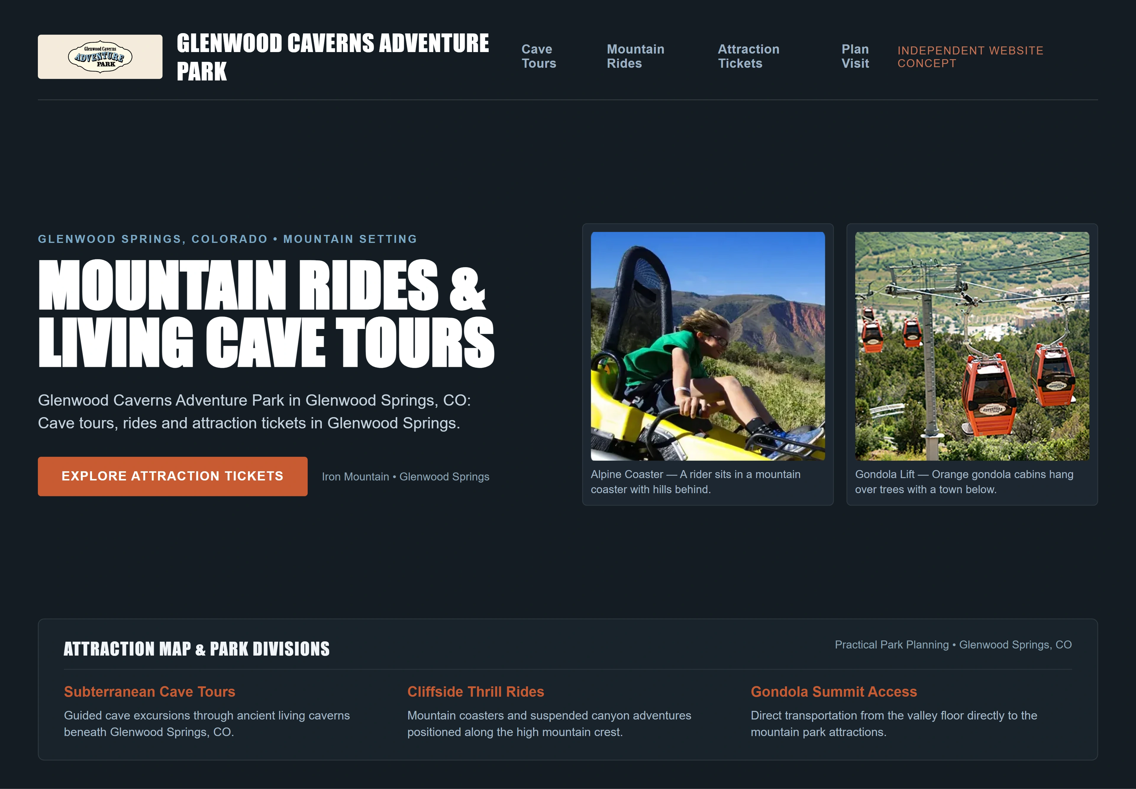 Glenwood Caverns Adventure Park, individual website design concept A