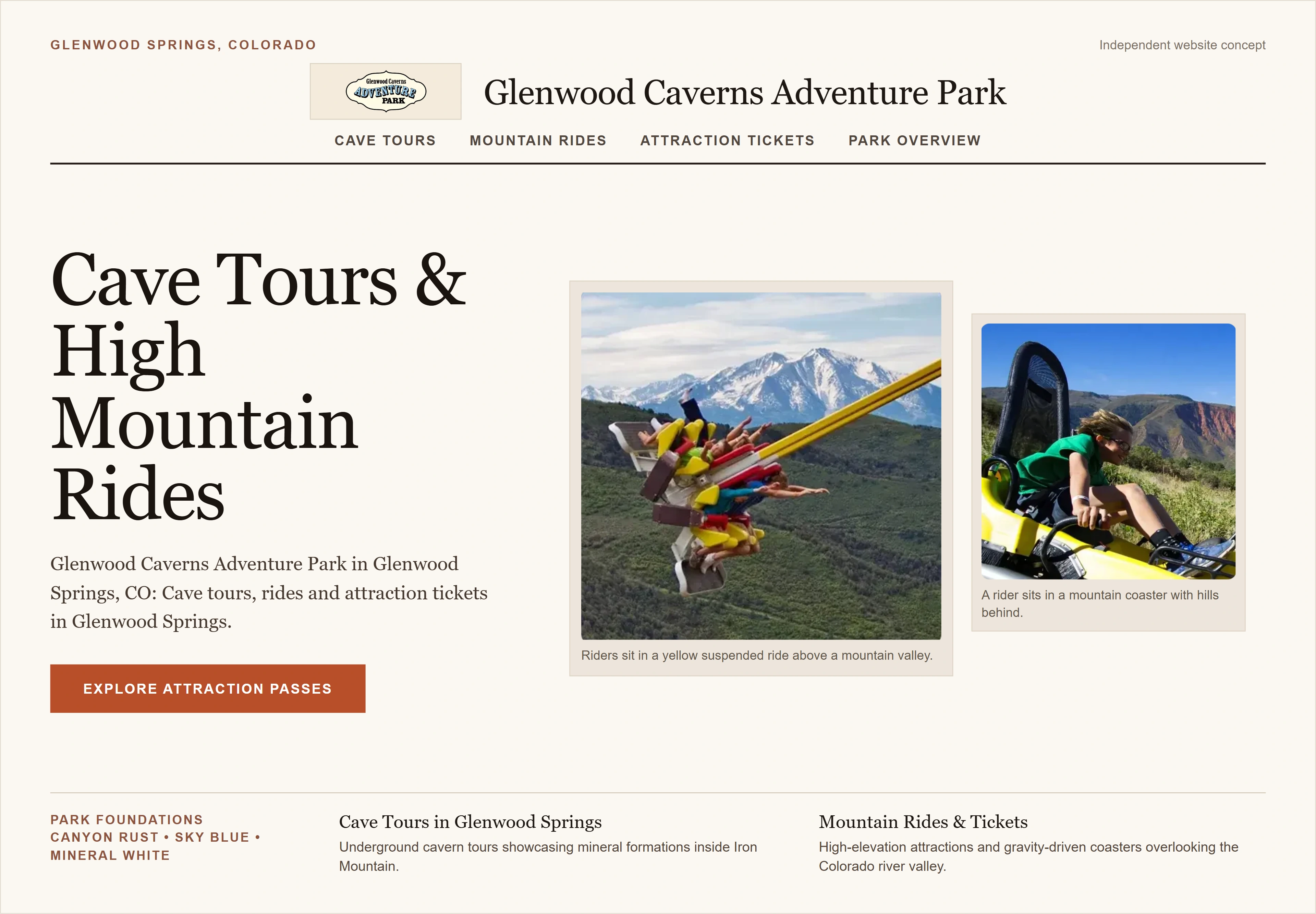 Glenwood Caverns Adventure Park, individual website design concept B