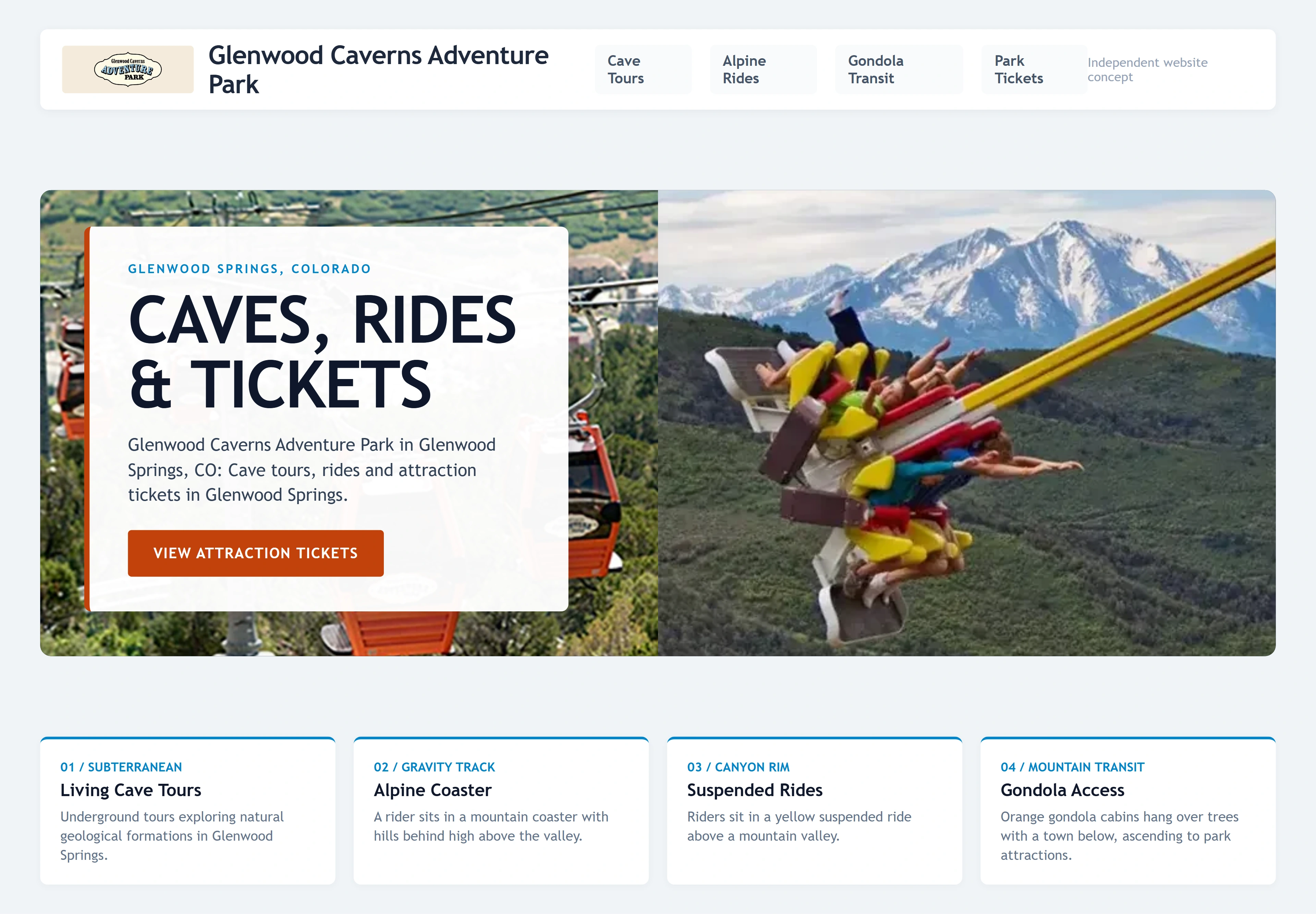 Glenwood Caverns Adventure Park, individual website design concept C