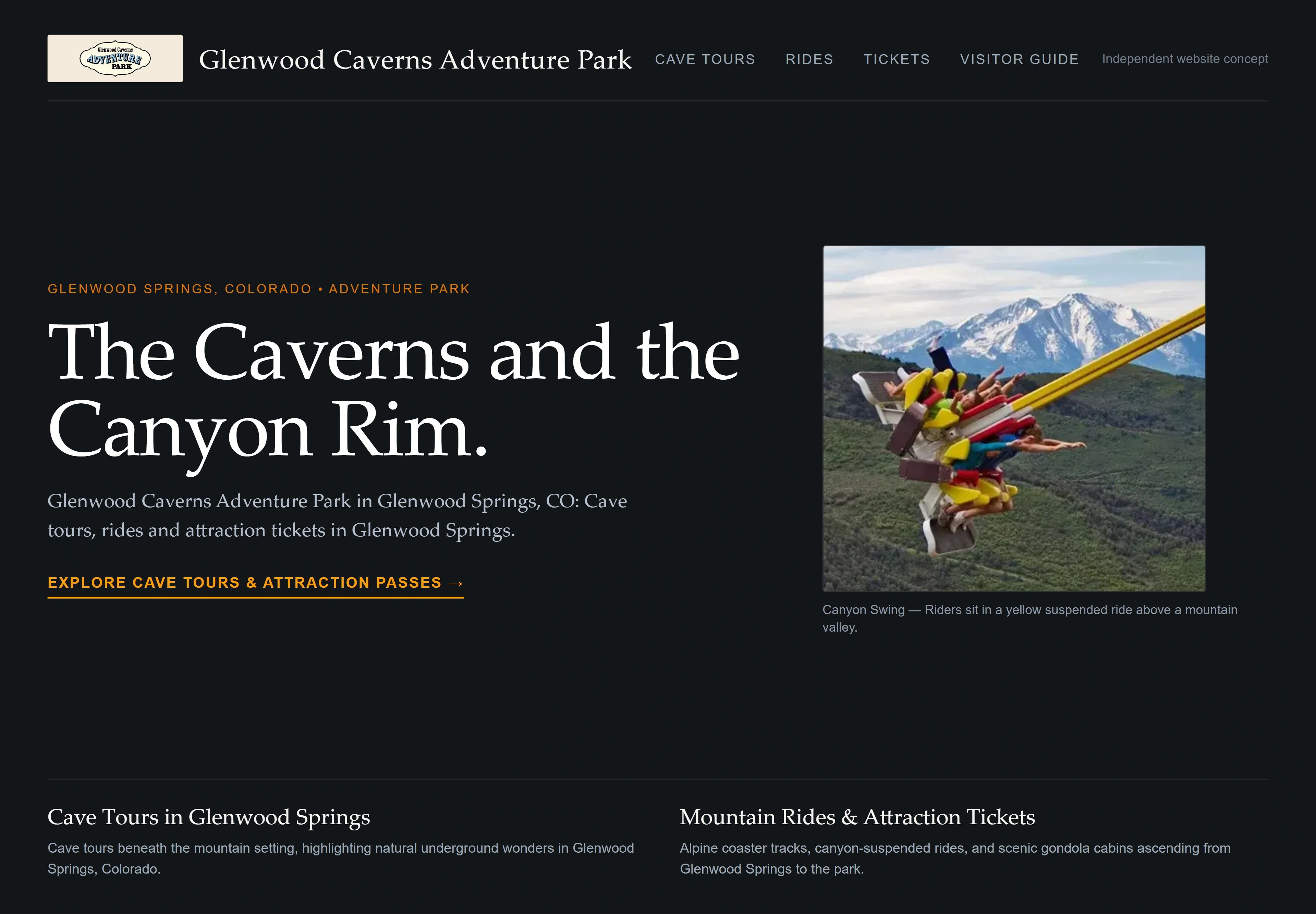 Glenwood Caverns Adventure Park, individual website design concept D