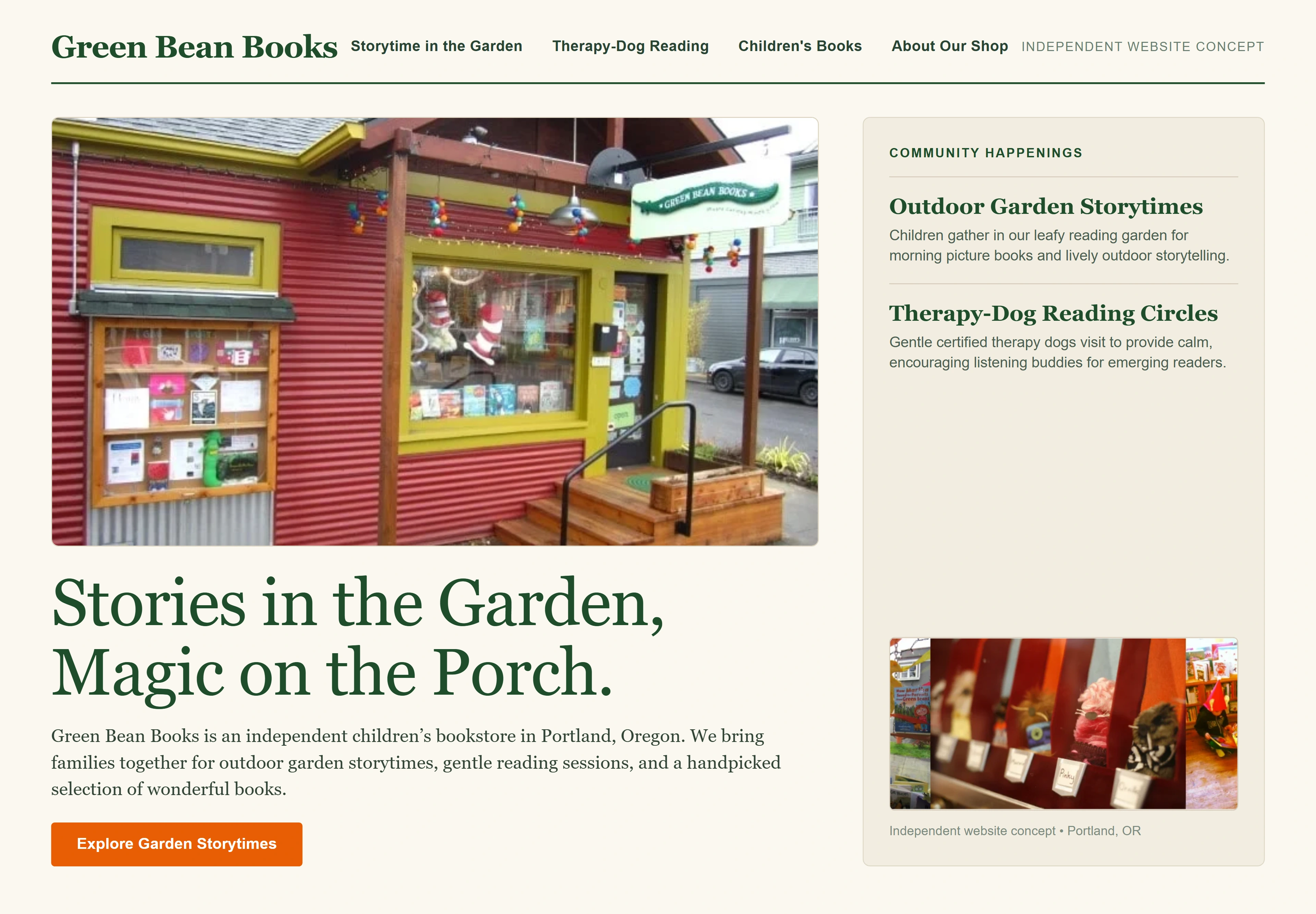 Green Bean Books, individual website design concept A
